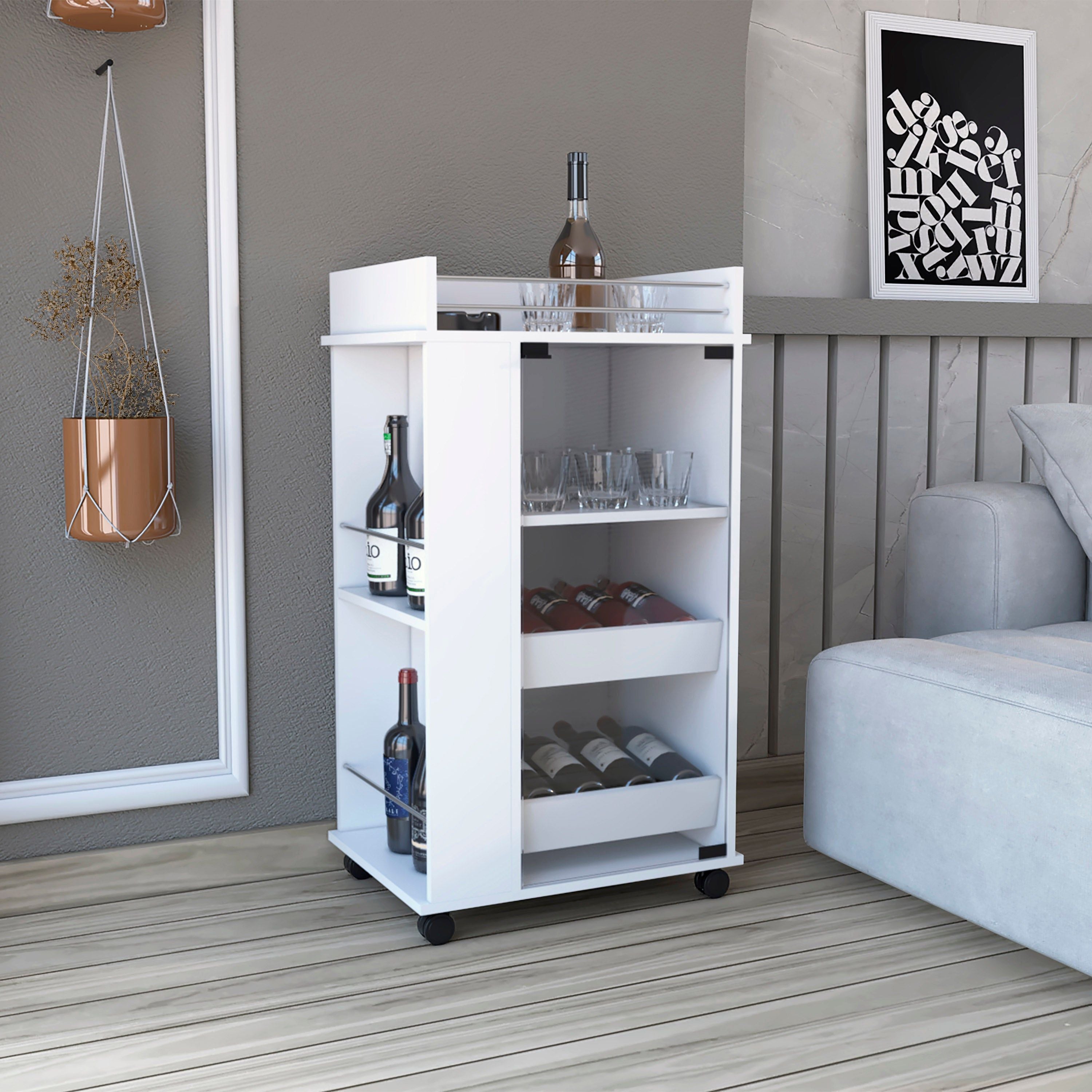 Lansing Bar Cart With Glass Door, 2-Side Shelves And Casters, White