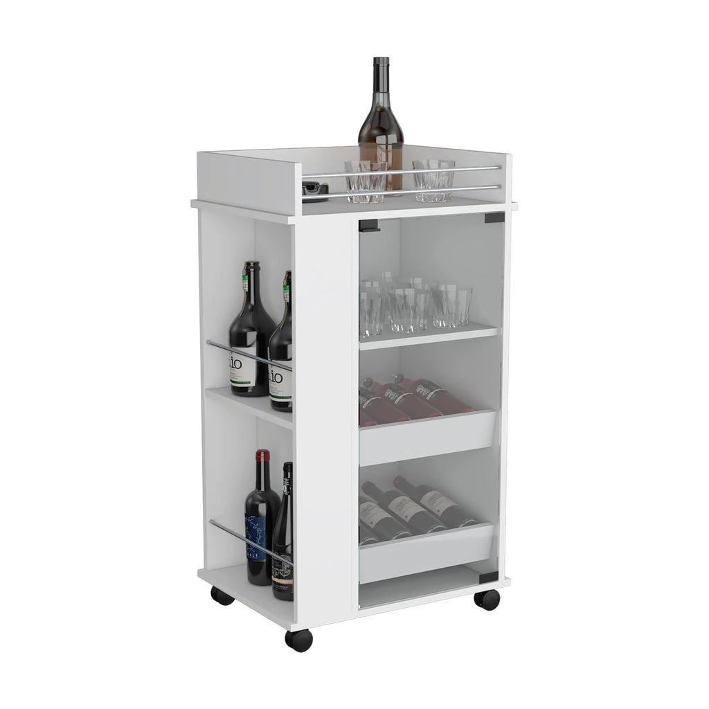 Lansing Bar Cart With Glass Door, 2-Side Shelves And Casters, White