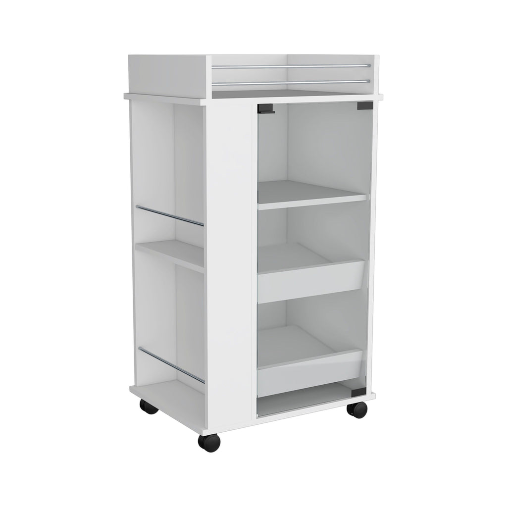 Lansing Bar Cart With Glass Door, 2-Side Shelves And Casters, White
