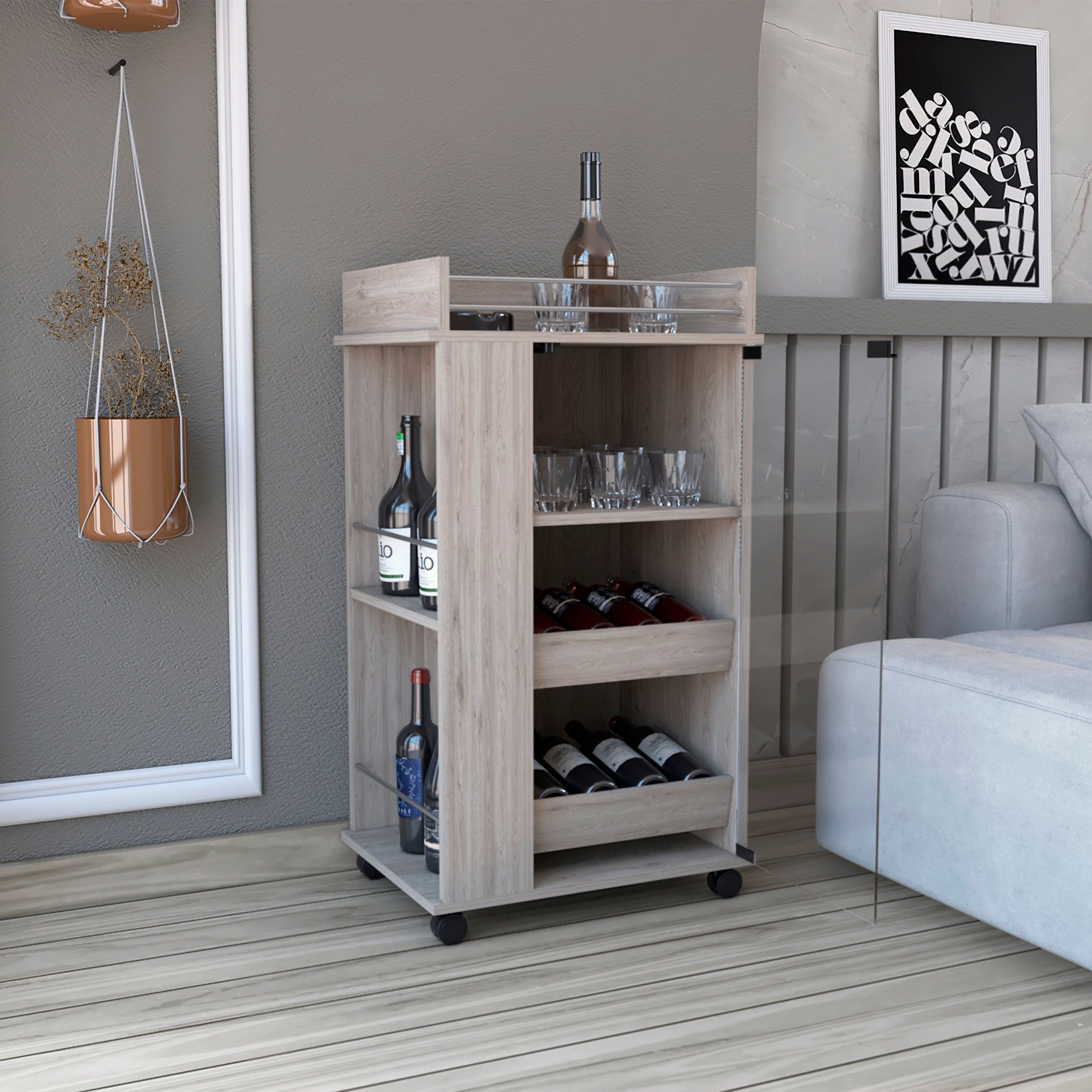 Lansing Bar Cart With Glass Door, 2-Side Shelves And Casters, Light Gray