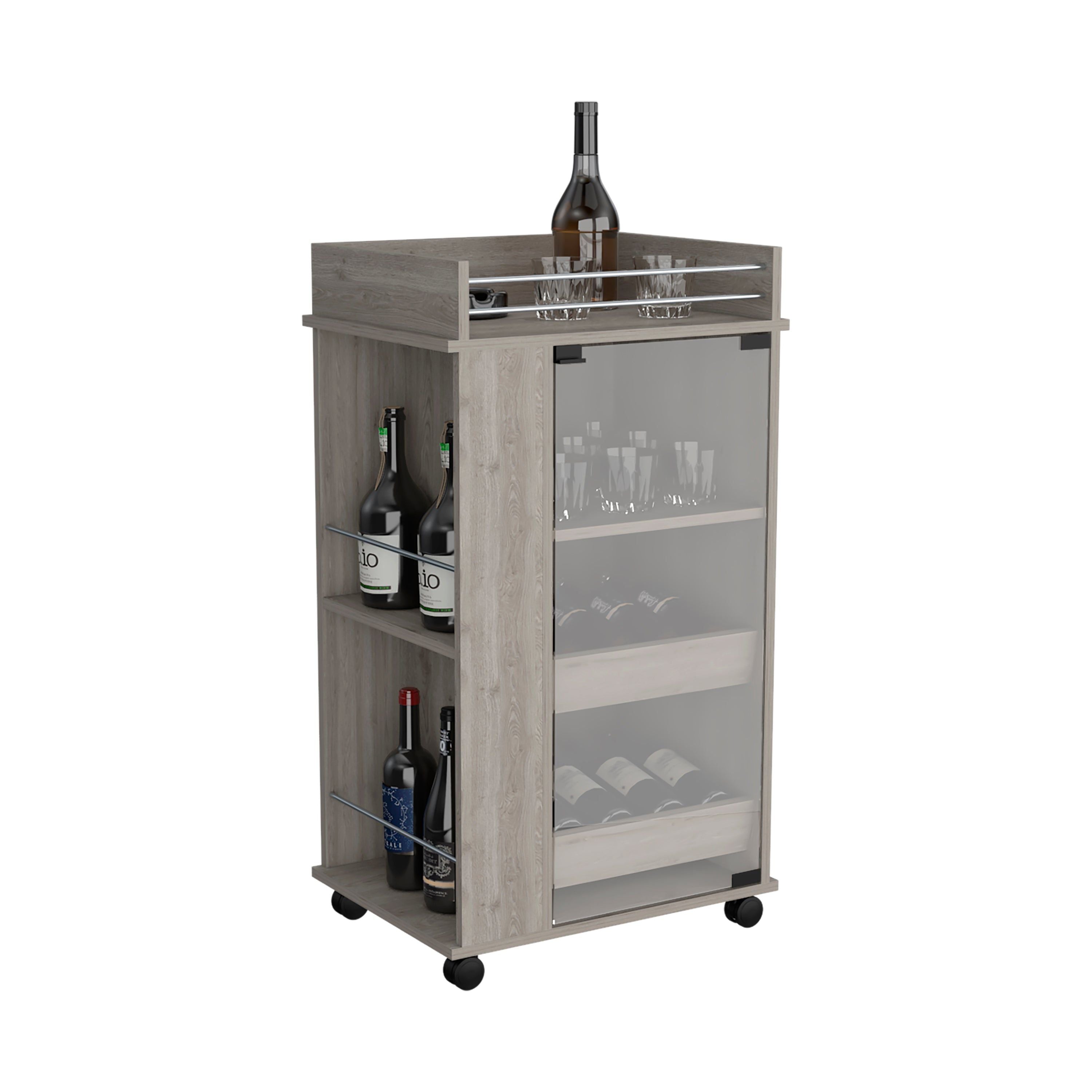 Lansing Bar Cart With Glass Door, 2-Side Shelves And Casters, Light Gray