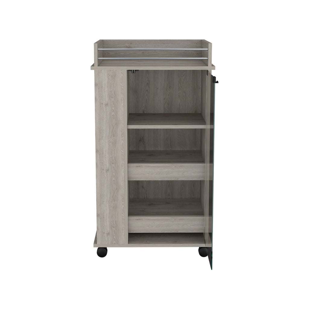 Lansing Bar Cart With Glass Door, 2-Side Shelves And Casters, Light Gray