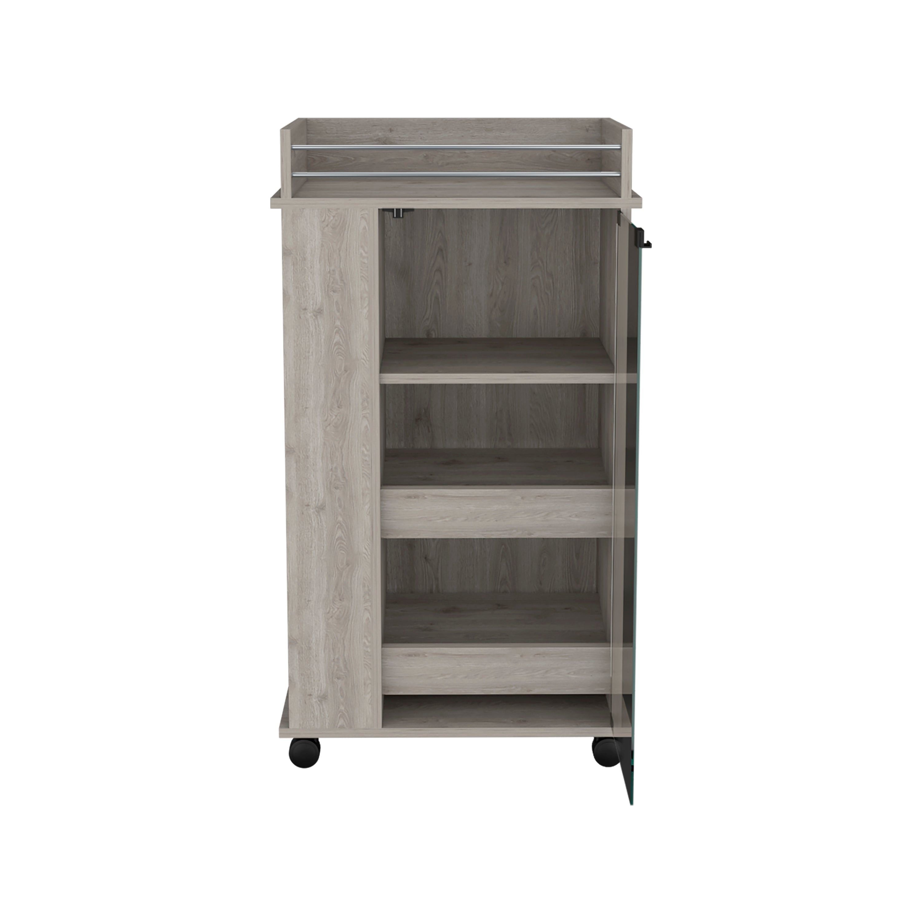 Lansing Bar Cart With Glass Door, 2-Side Shelves And Casters, Light Gray