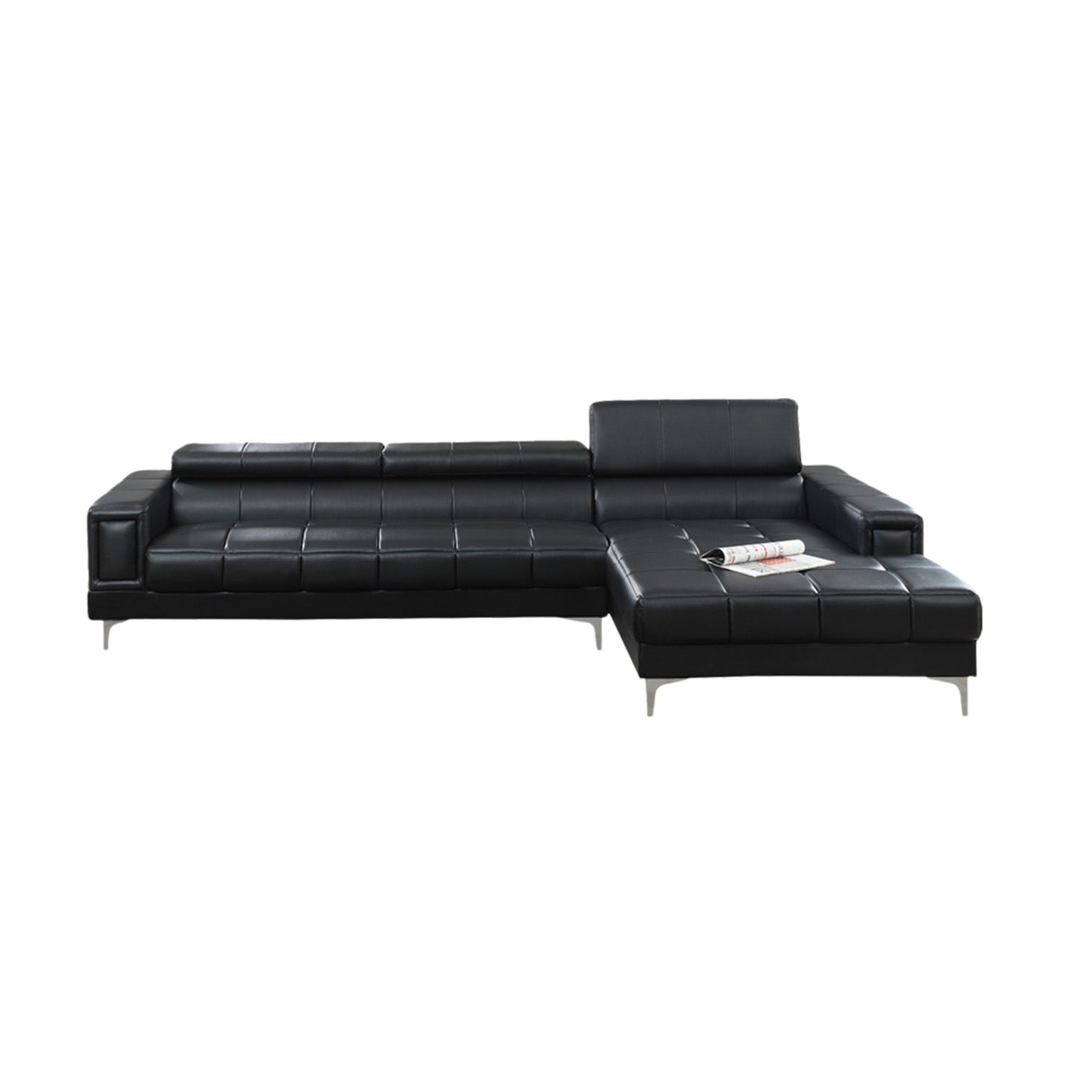 Bonded Leather Sectional Sofa with Adjustable Headrest in Black(D0102H716BT)