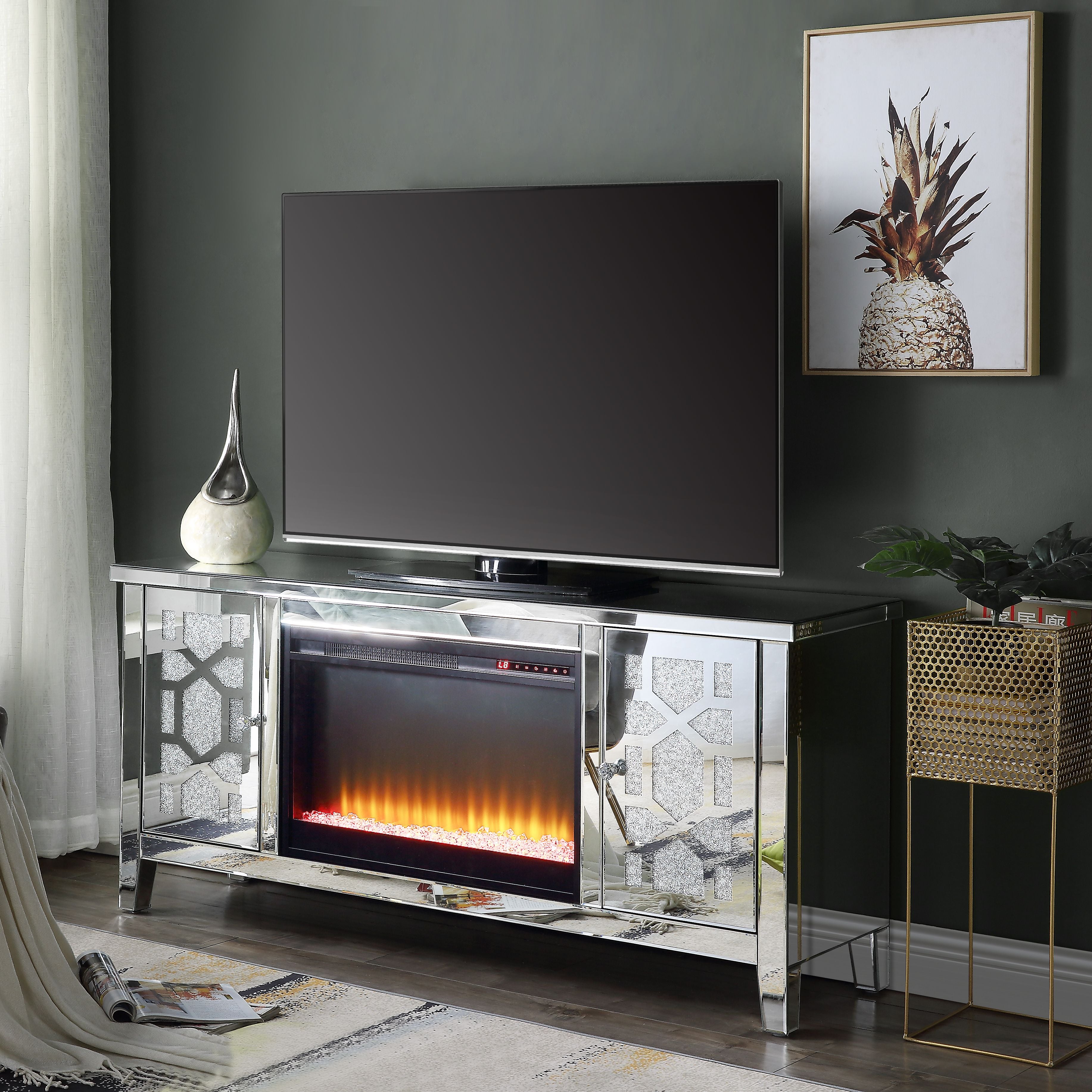 AcME Noralie TV STAND WFIREPLAcE Mirrored & Faux Diamonds LV00312(D0102H71FF6)