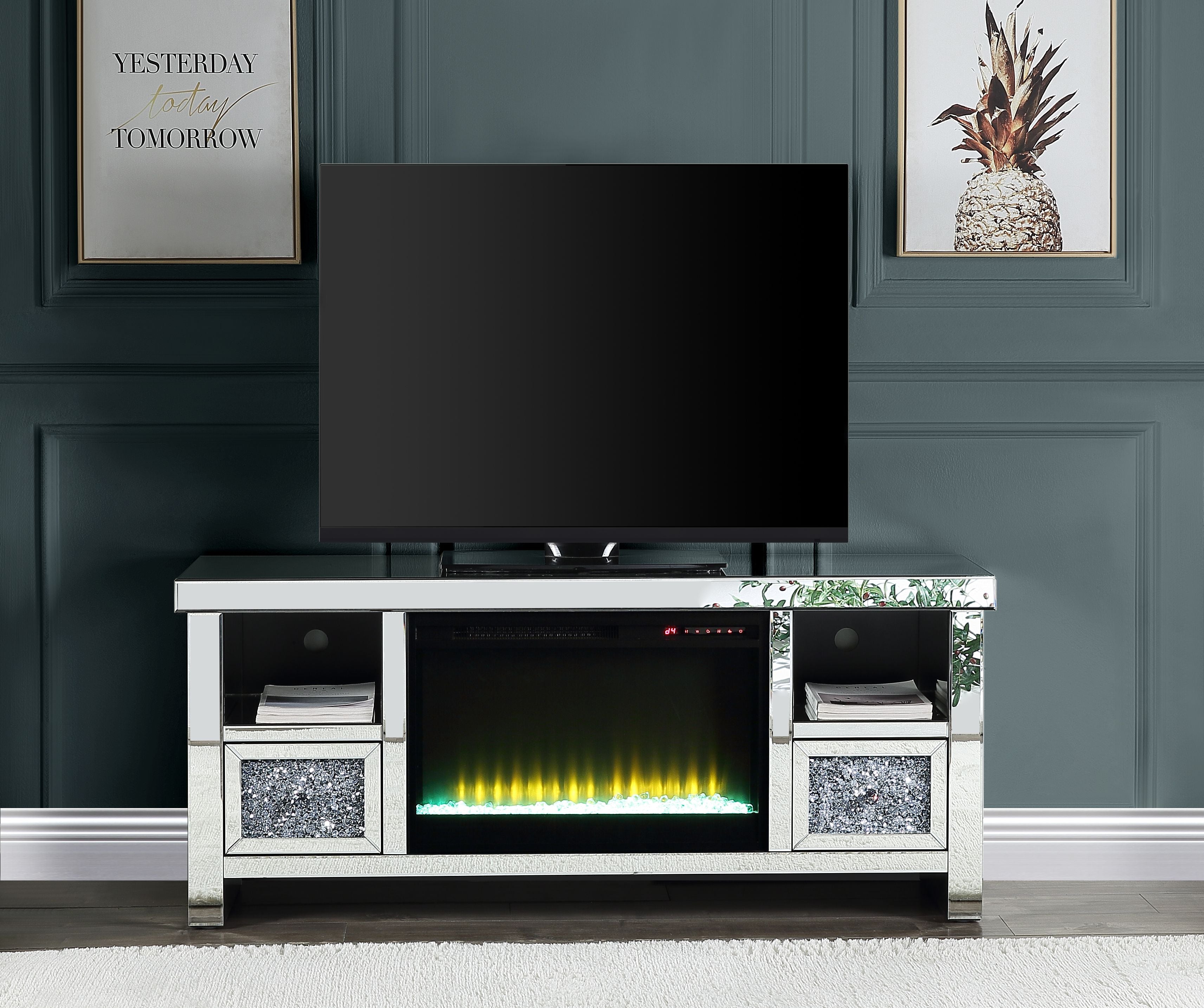 AcME Noralie TV STAND WFIREPLAcE Mirrored & Faux Diamonds LV00313(D0102H71FU8)