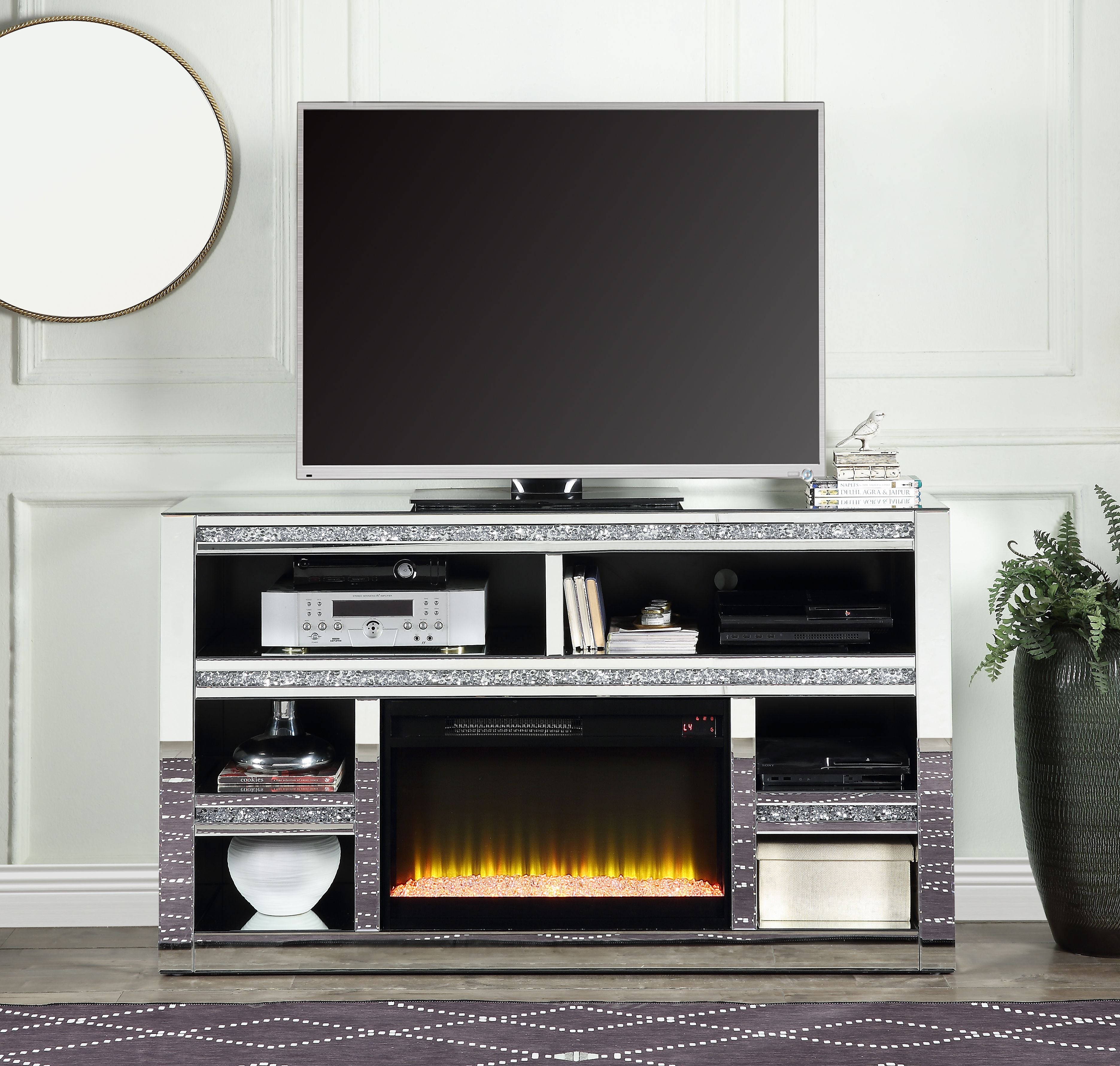 AcME Noralie TV STAND WFIREPLAcE Mirrored & Faux Diamonds LV00311(D0102H71FUP)