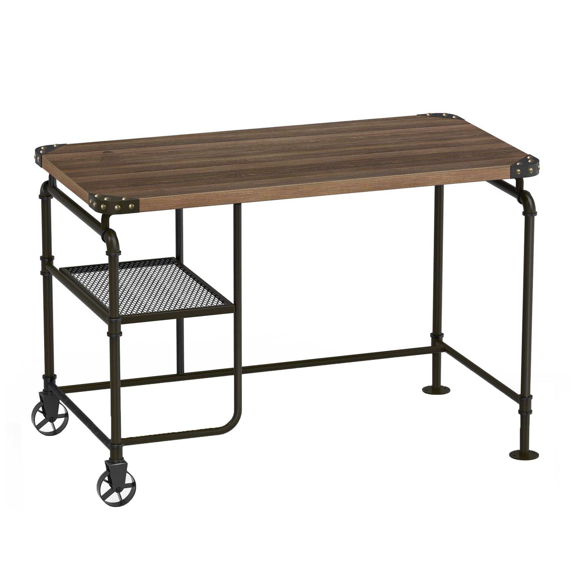 Industrial Metal Writing Desk With Wooden Top, Brown and Black(D0102H71UMX)