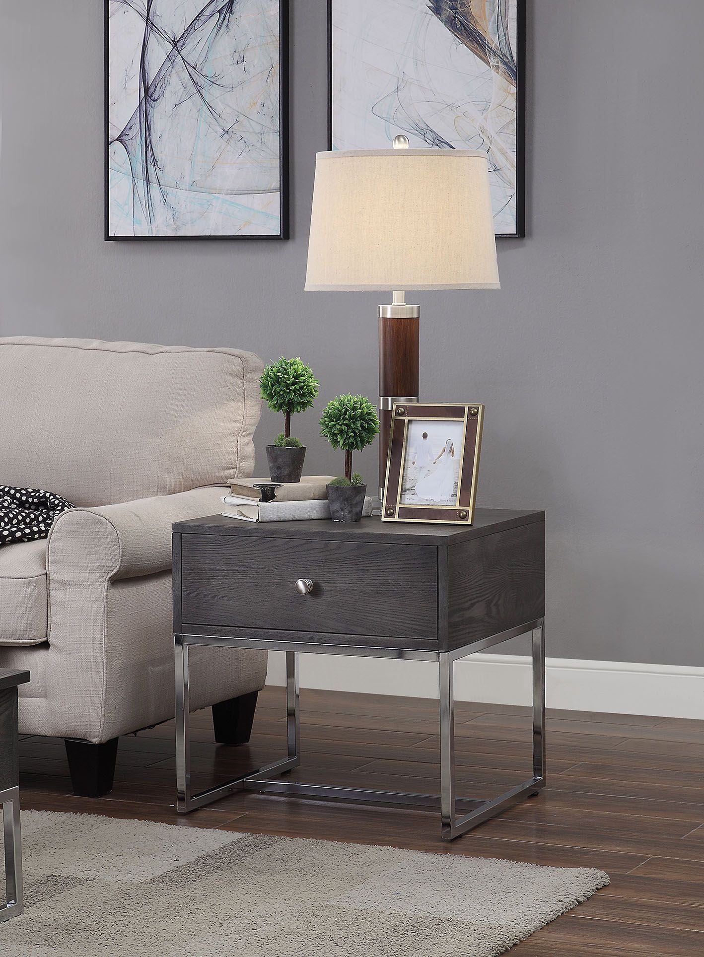 Acme Iban End Table in Gray Oak and Chrome