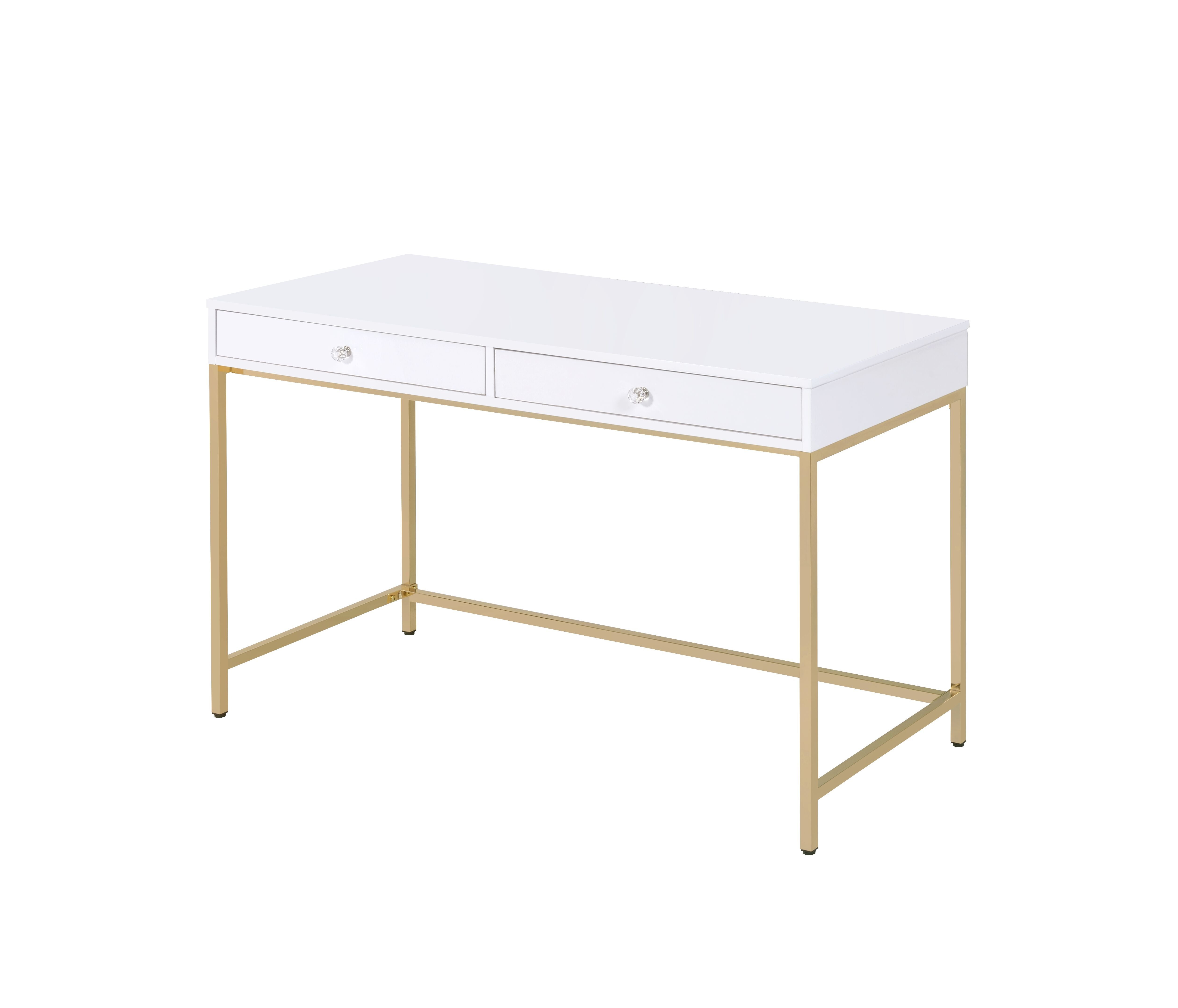 Acme Ottey 2-Drawer Vanity Desk with Metal Legs in White High Gloss and Gold