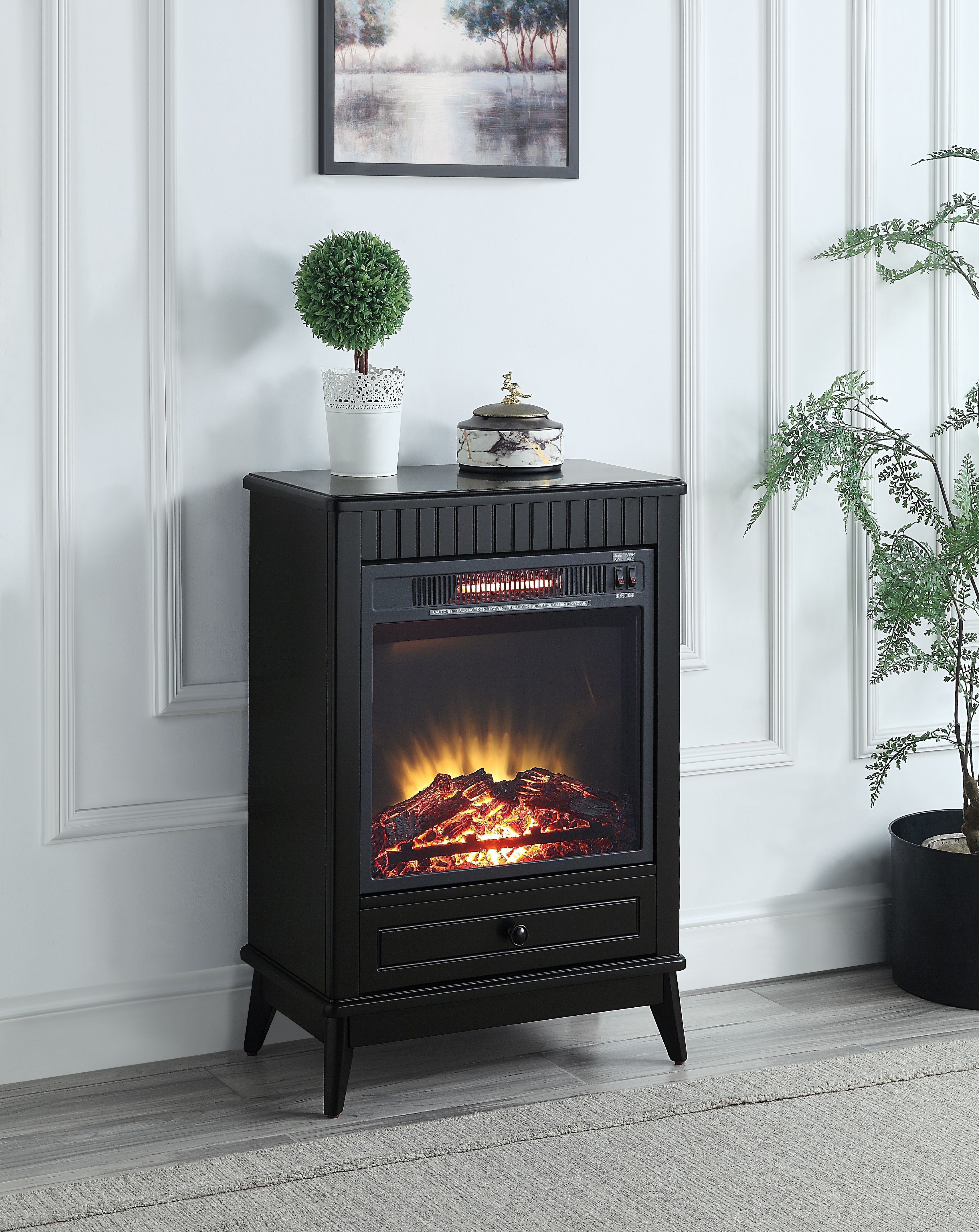 Acme Hamish Wooden 1-Drawer Fireplace In Black