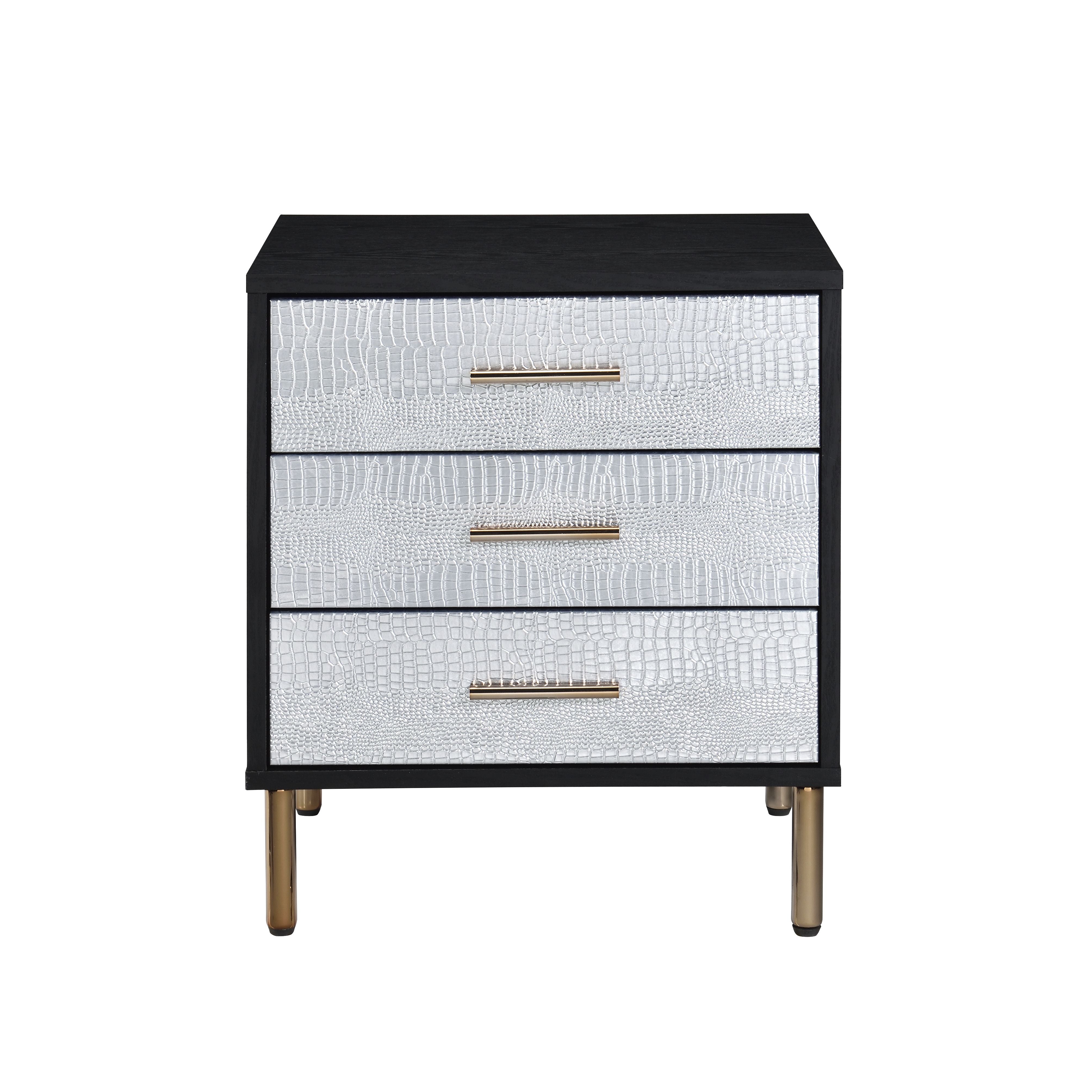 Acme Furniture Nightstand with 3 Drawers, Black, Silver and Gold