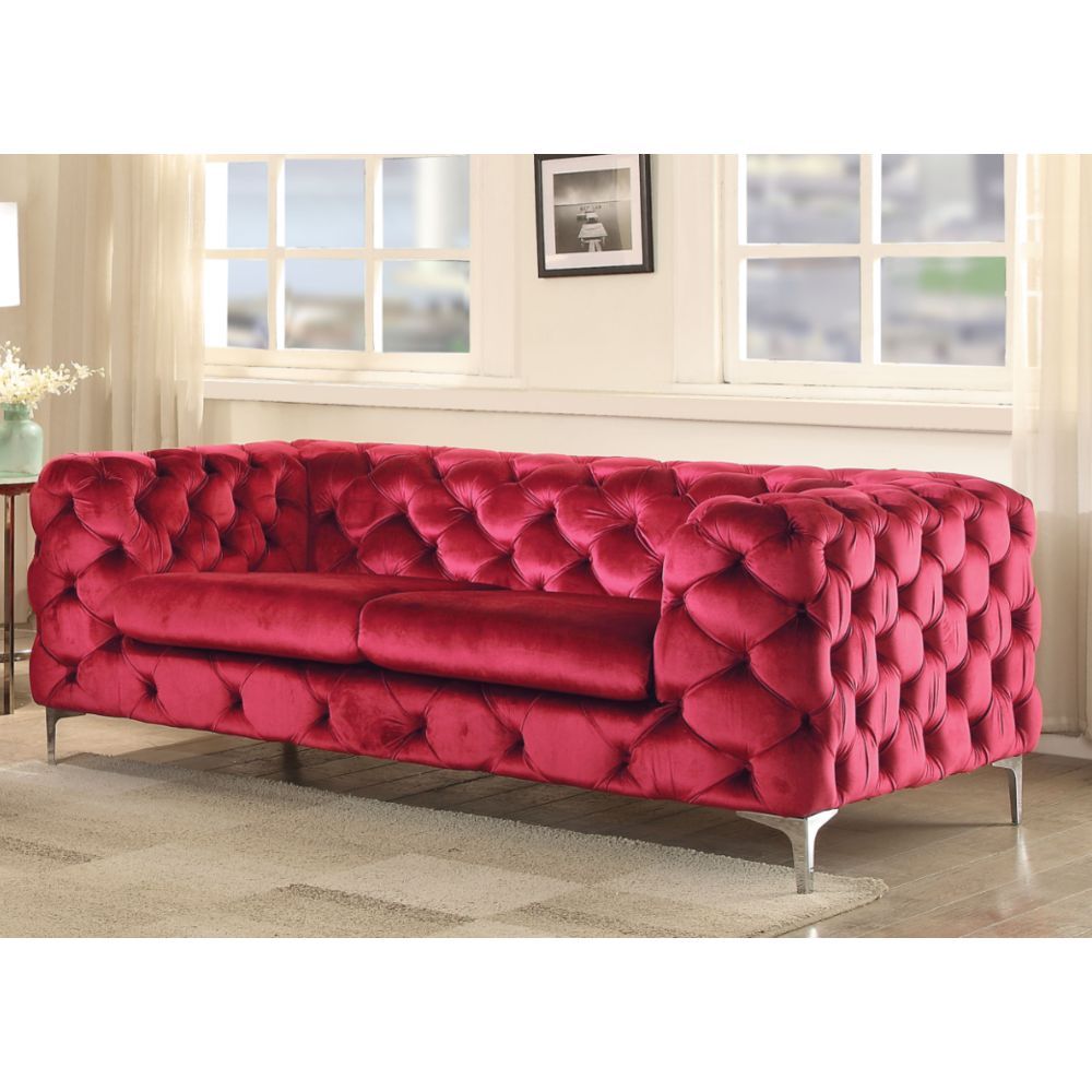 Acme Adam Velvet Tufted Upholstered Tuxedo Loveseat in Red