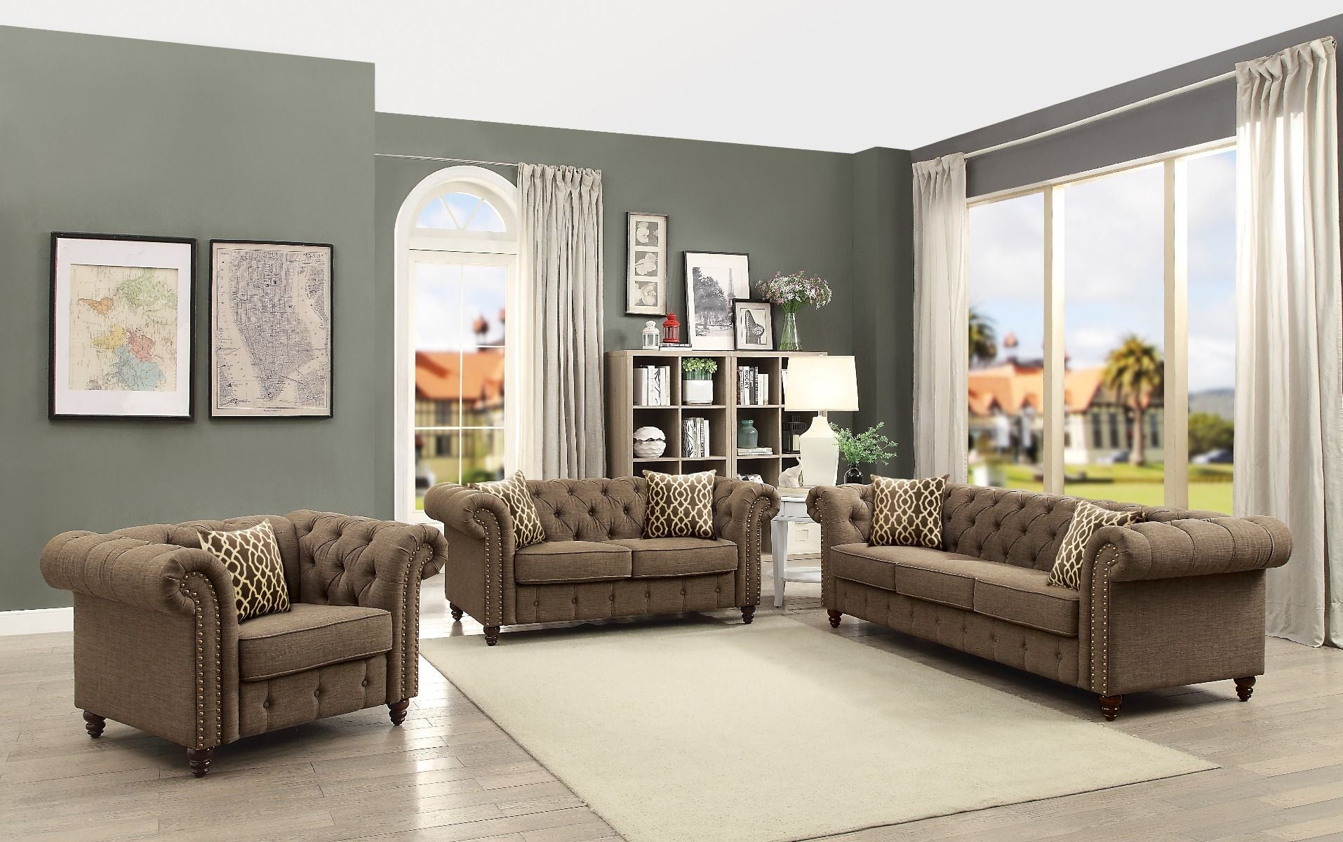 Acme Aurelia Tuxedo Linen Fabric Tufted Loveseat with Nailhead Trim in Brown