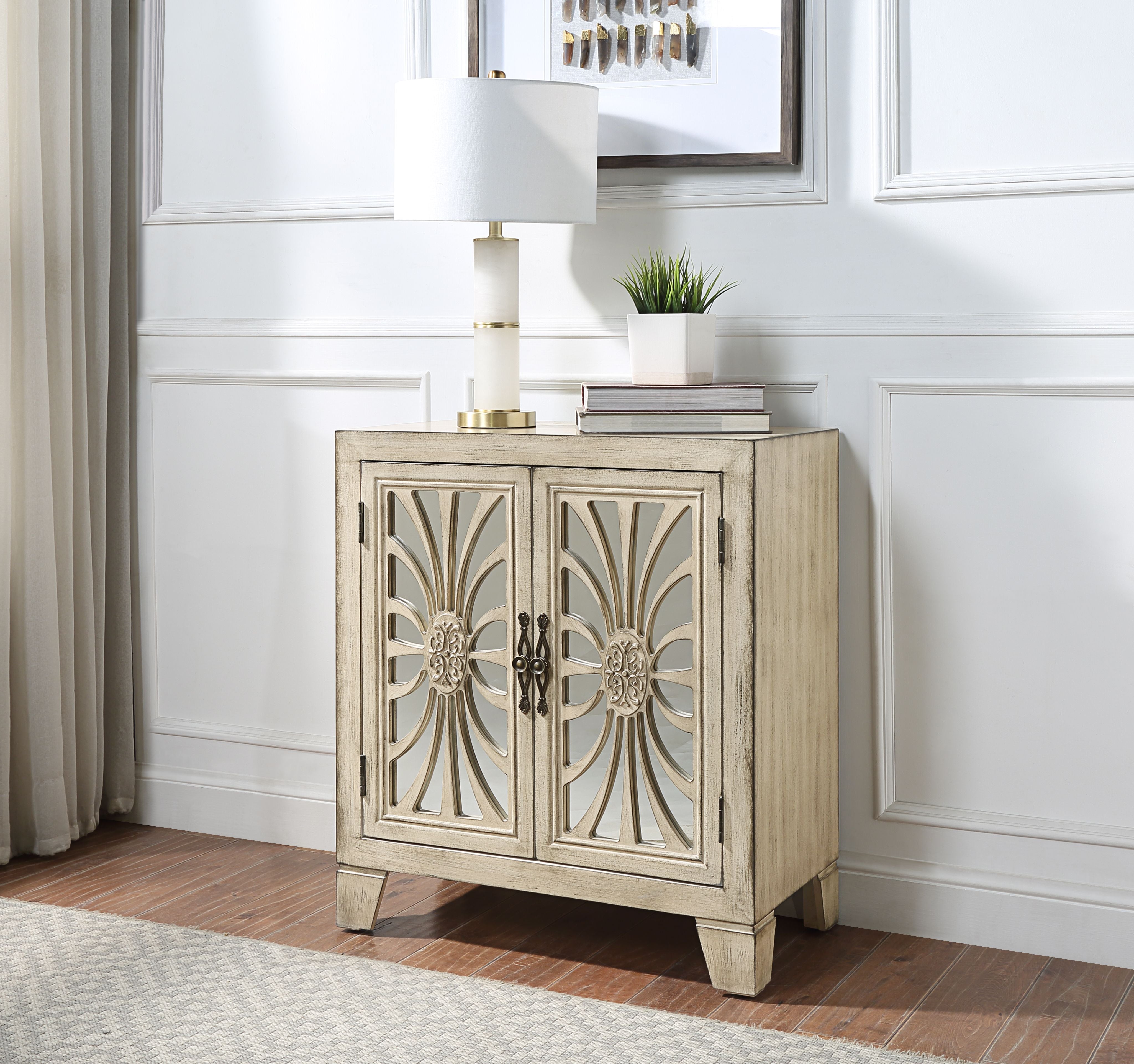Acme Nalani Wooden Console Table with 2 Mirrored Doors in Antique White