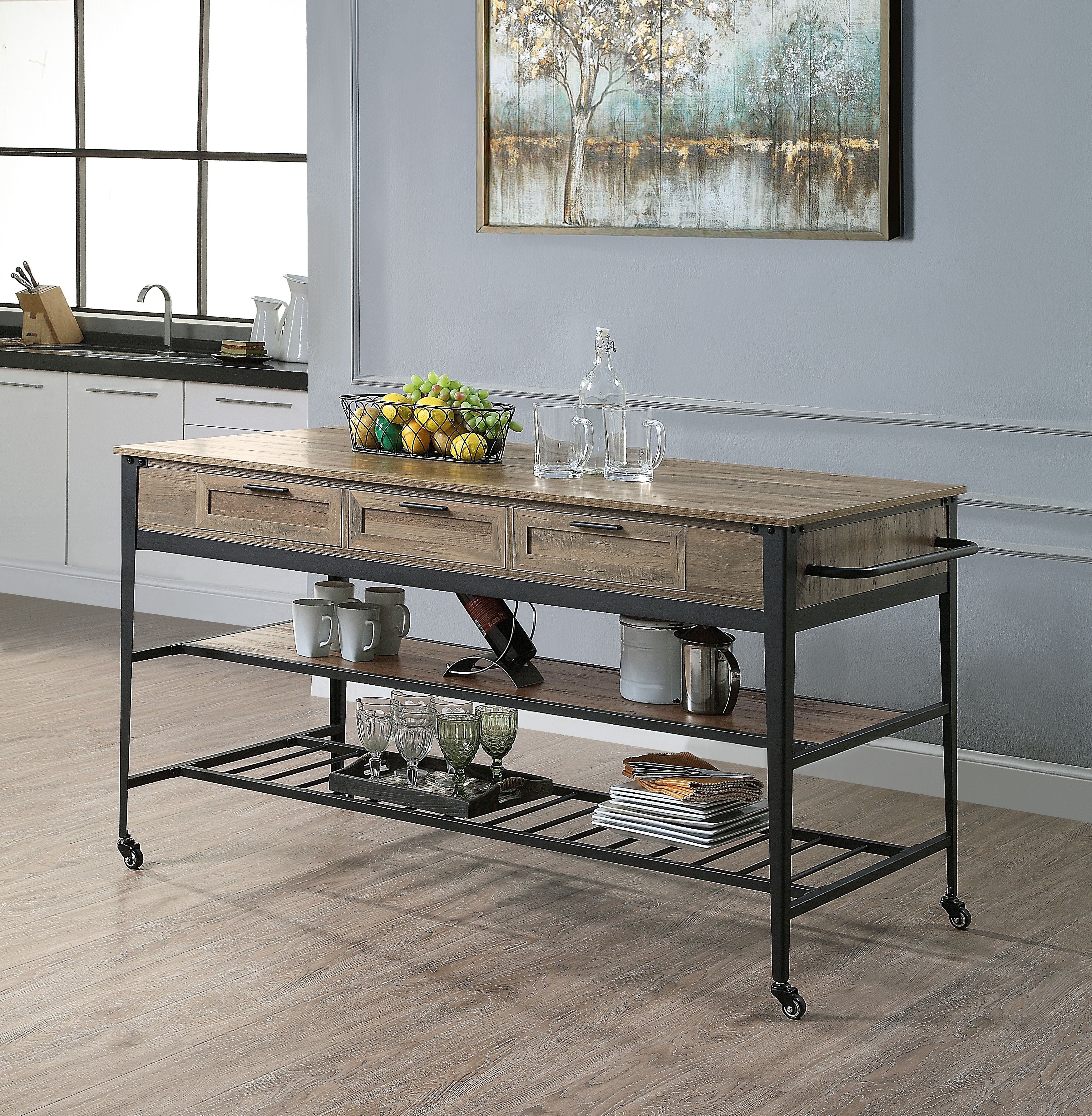 Acme Macaria Wooden Kitchen Island with 3 Drawers in Rustic Oak and Black