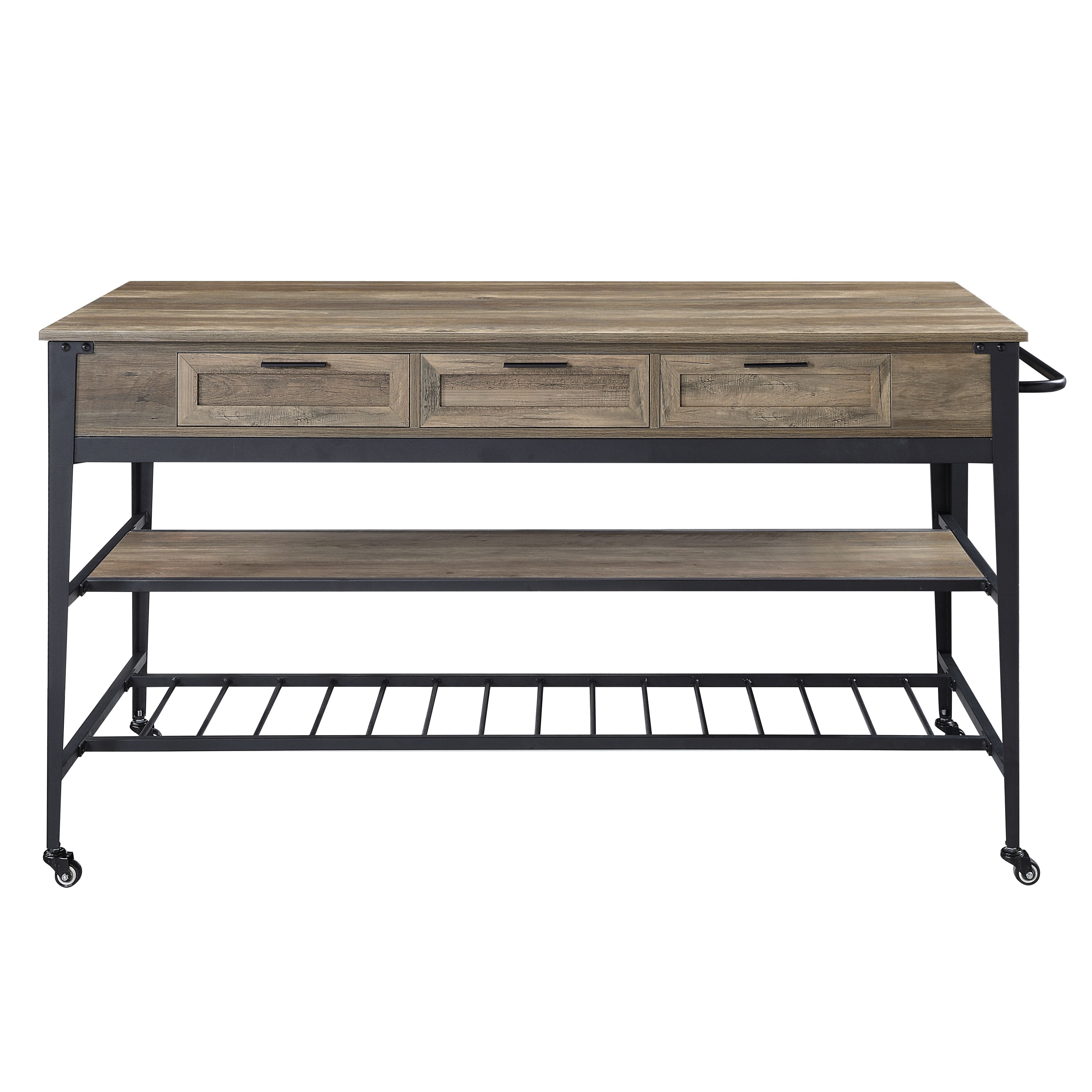 Acme Macaria Wooden Kitchen Island with 3 Drawers in Rustic Oak and Black