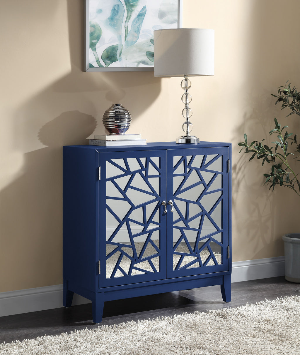 Acme Einstein Wooden Rectangular Console Table with 2 Mirrored Doors in Blue
