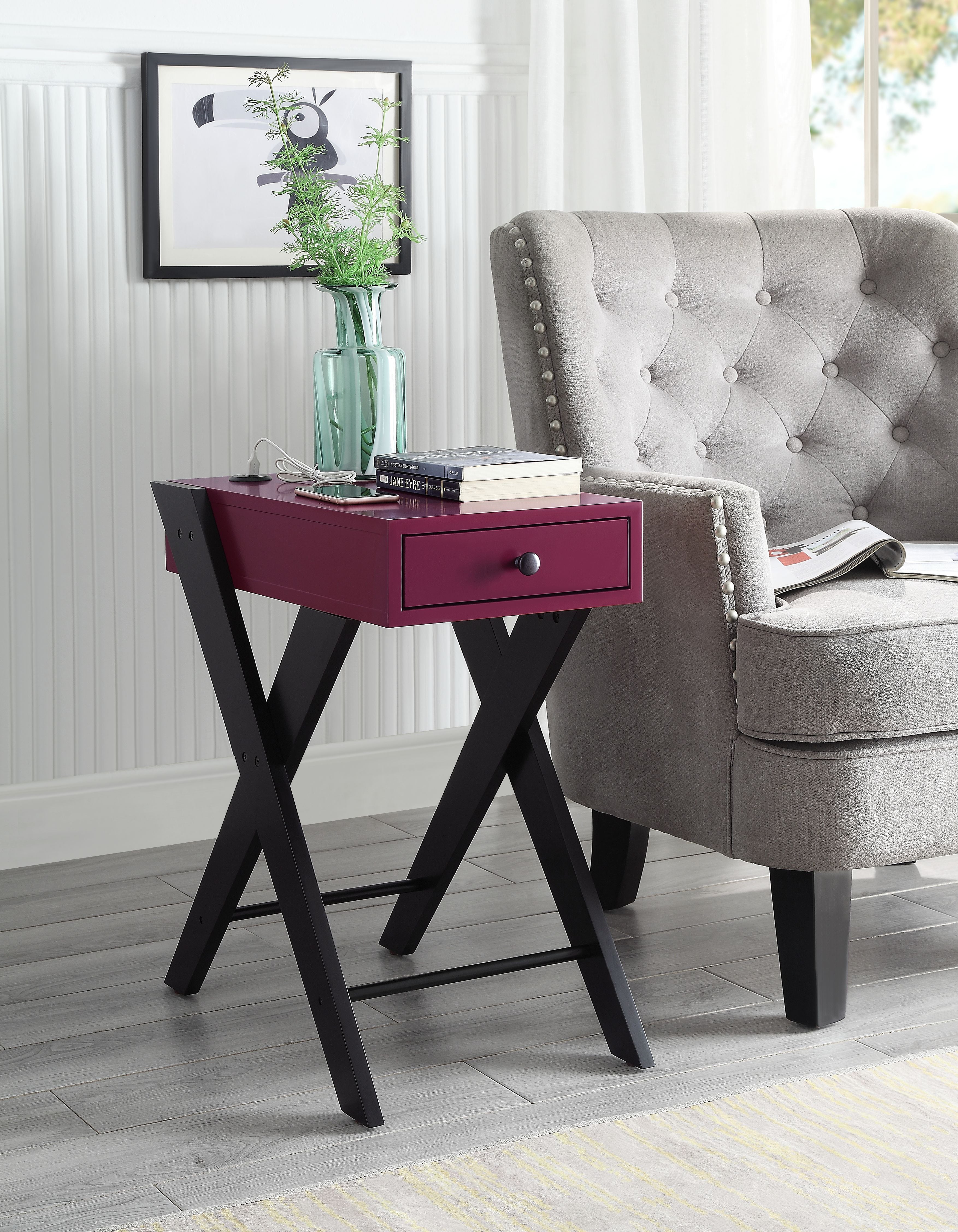 Acme Fierce Wooden Side Table With Usb Charging Dock In Burgundy And Black