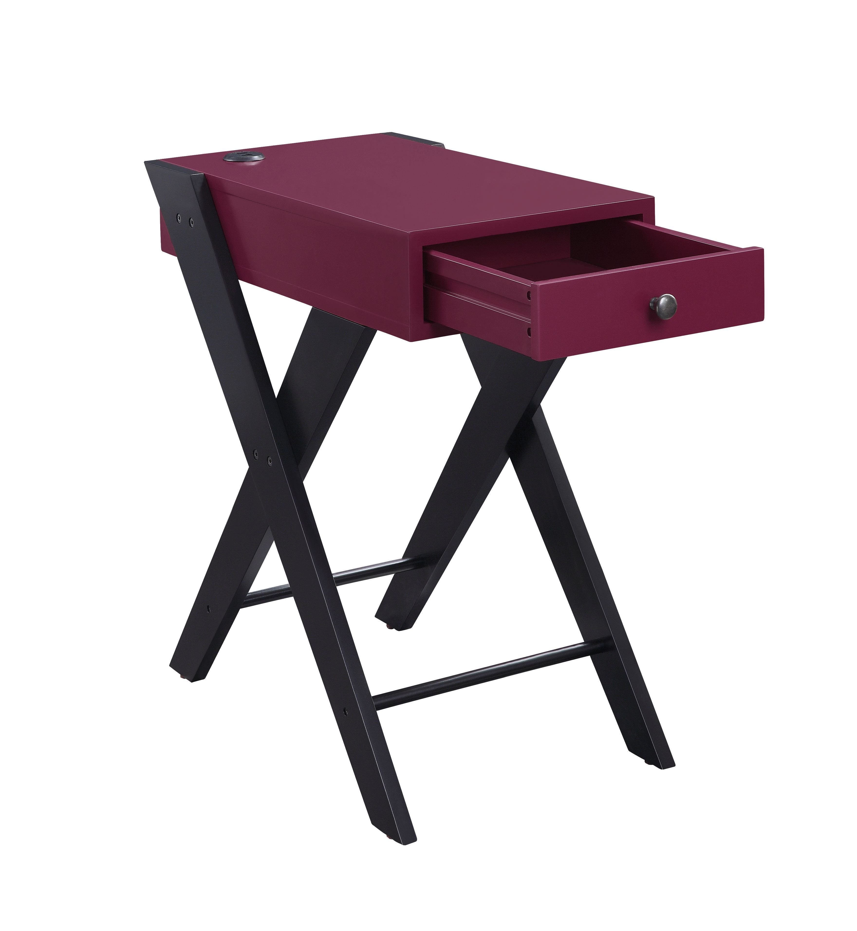 Acme Fierce Wooden Side Table With Usb Charging Dock In Burgundy And Black