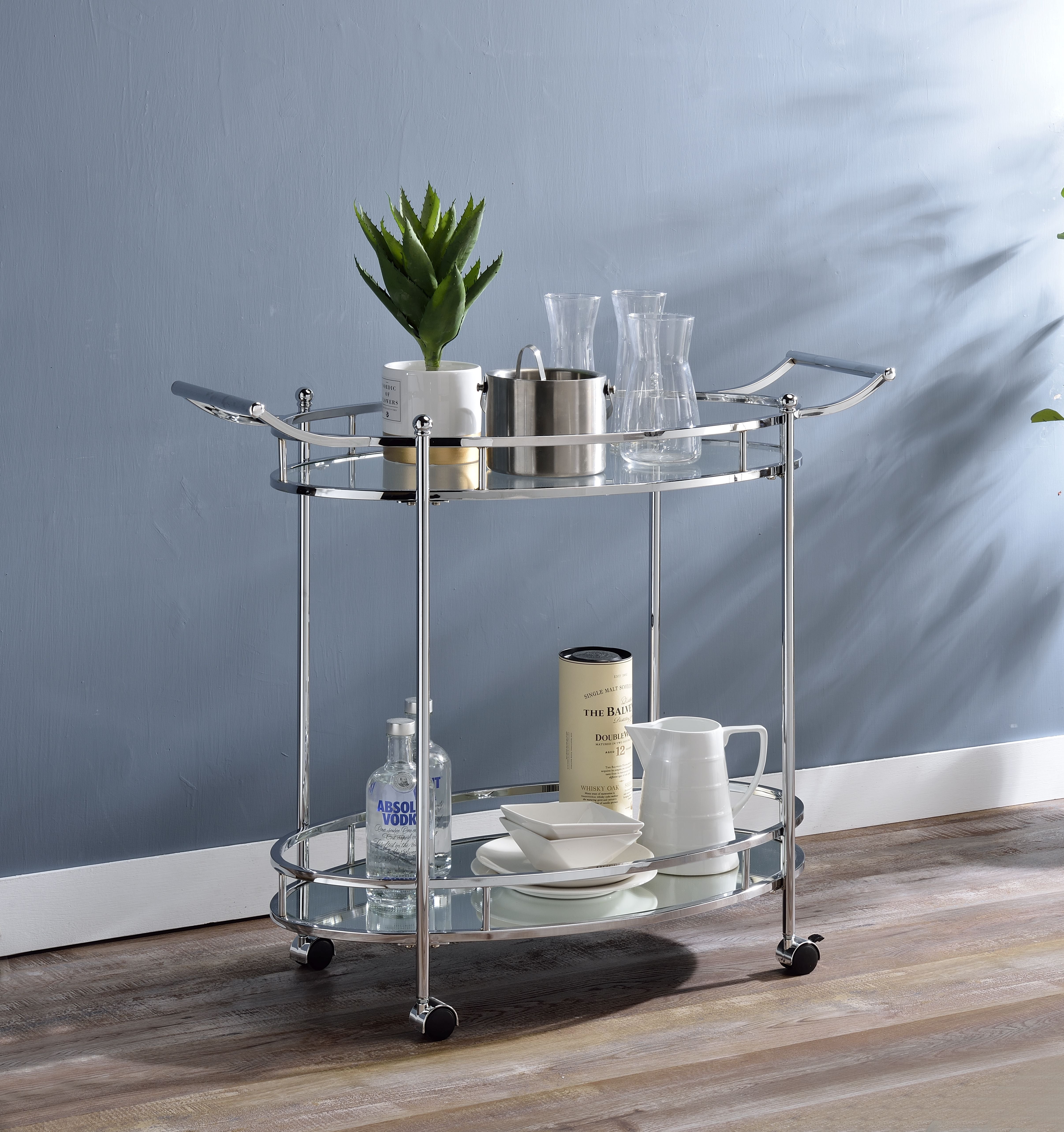 Acme Jinx 2 Glass Tier Shelves Serving Cart With Wheels In Clear And Chrome