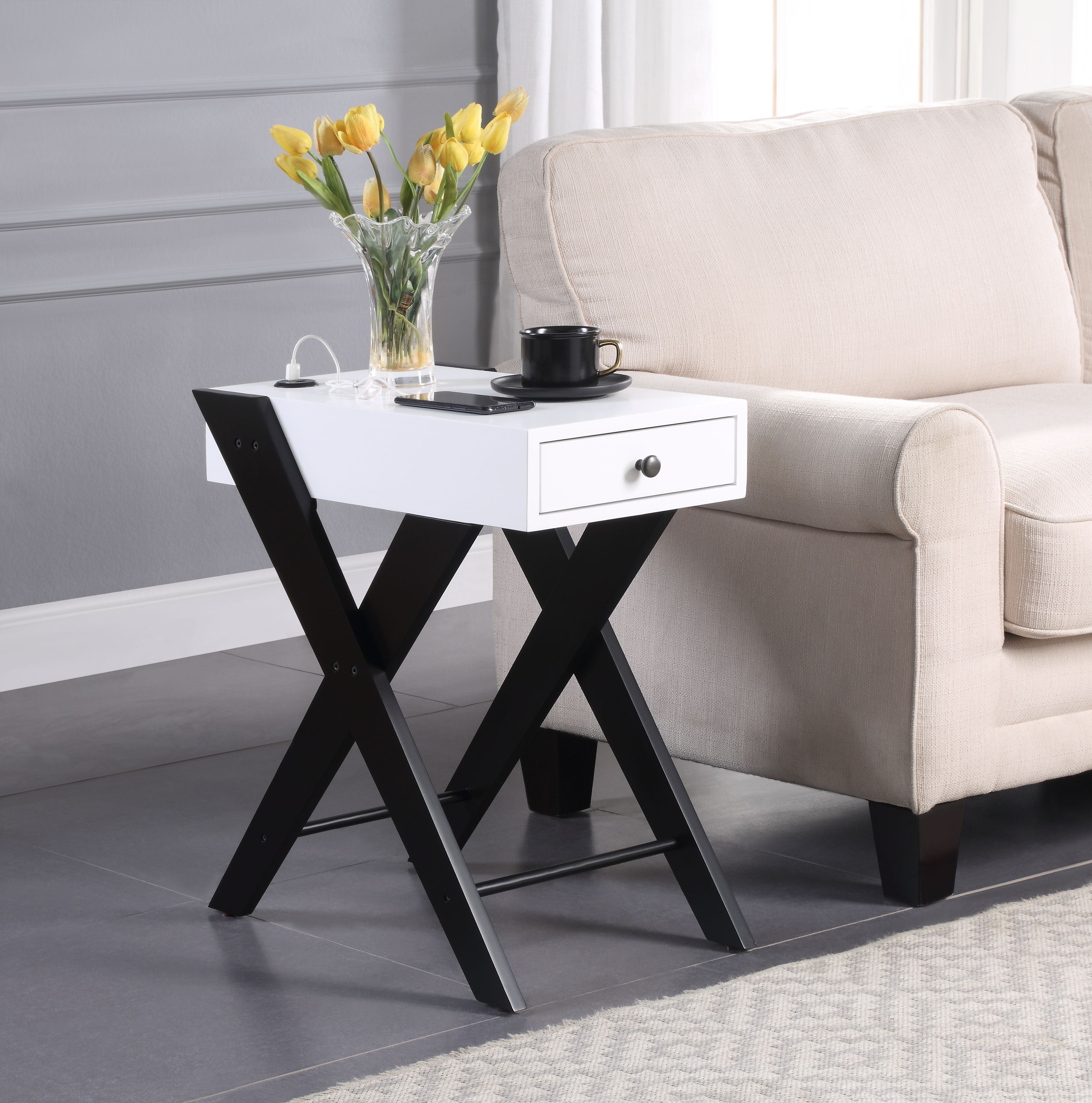Acme Fierce Wooden Side Table With Usb Charging Dock In White And Black
