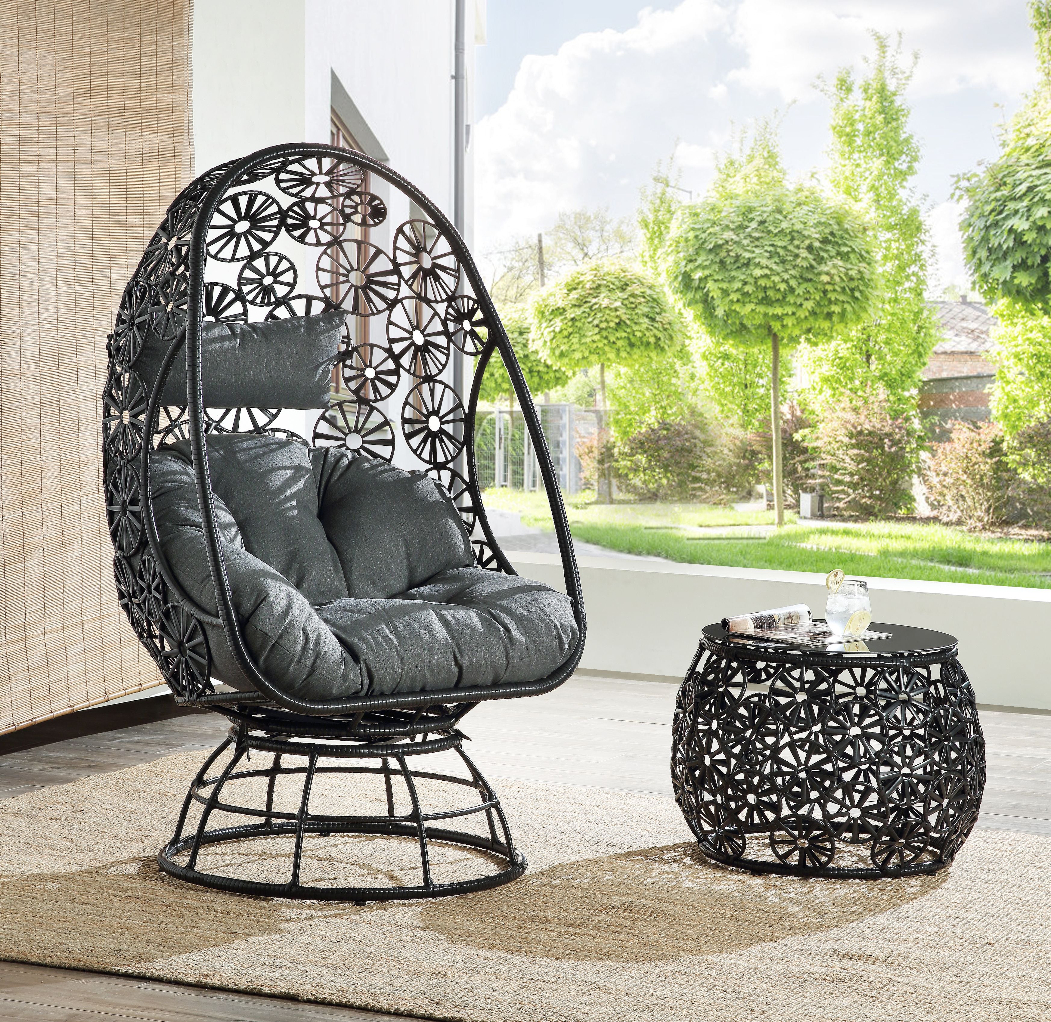 Acme Hikre Wicker Patio Lounge Chair and Side Table in Charcoal and Black