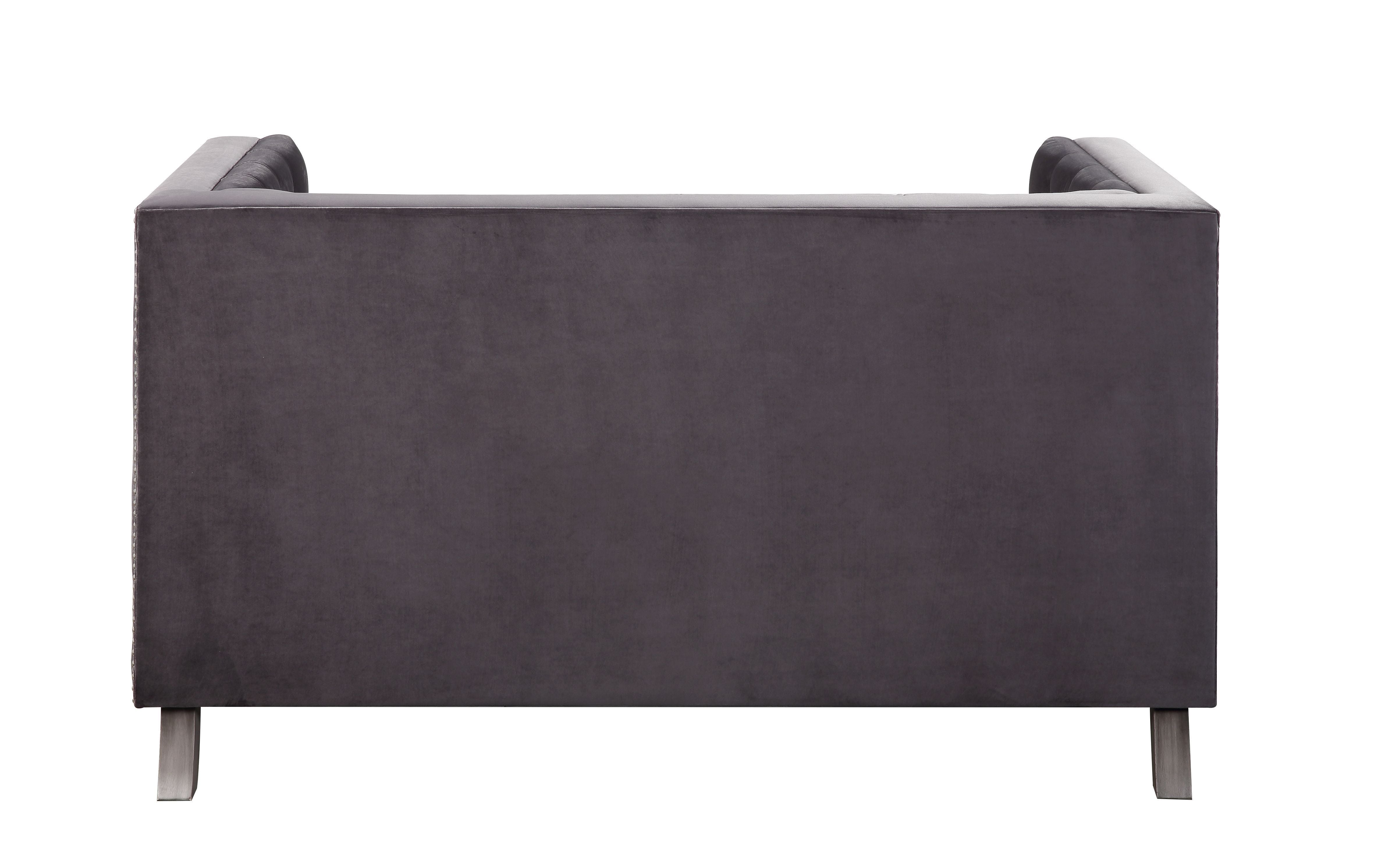 Acme Hegio Velvet Tufted Nail-Head Trim Loveseat with 2 Pillows in Gray