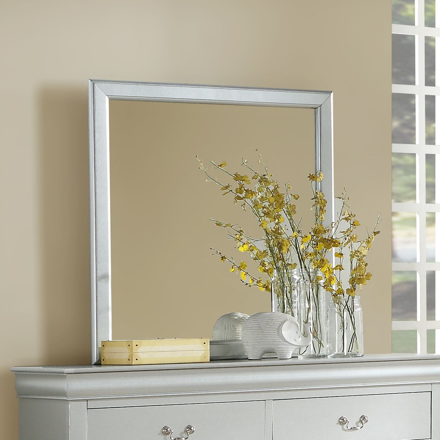 Acme Louis Philippe Wooden Rectangular Mirror In Platinum White