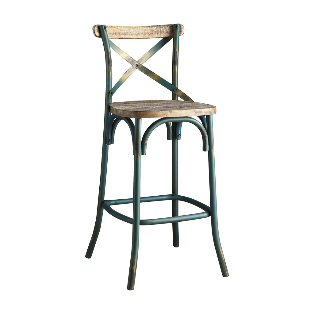 Acme Zaire Bar Stool with Wooden Seat in Antique Turquoise and Antique Oak