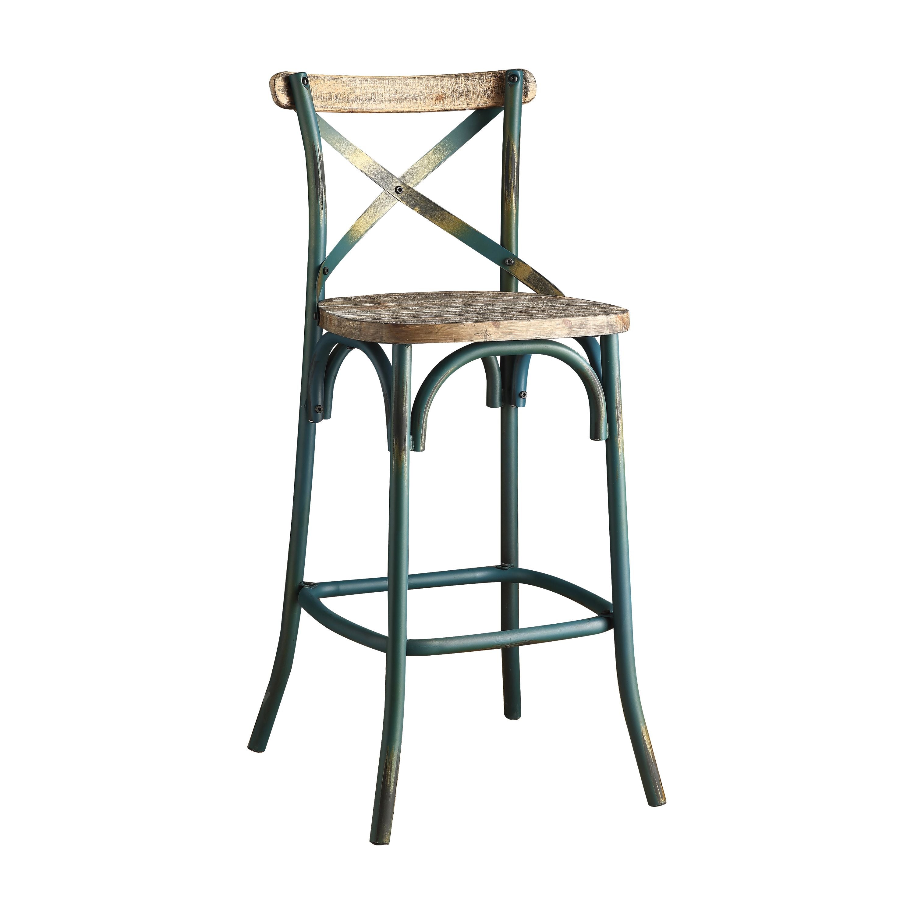 Acme Zaire Bar Stool with Wooden Seat in Antique Turquoise and Antique Oak