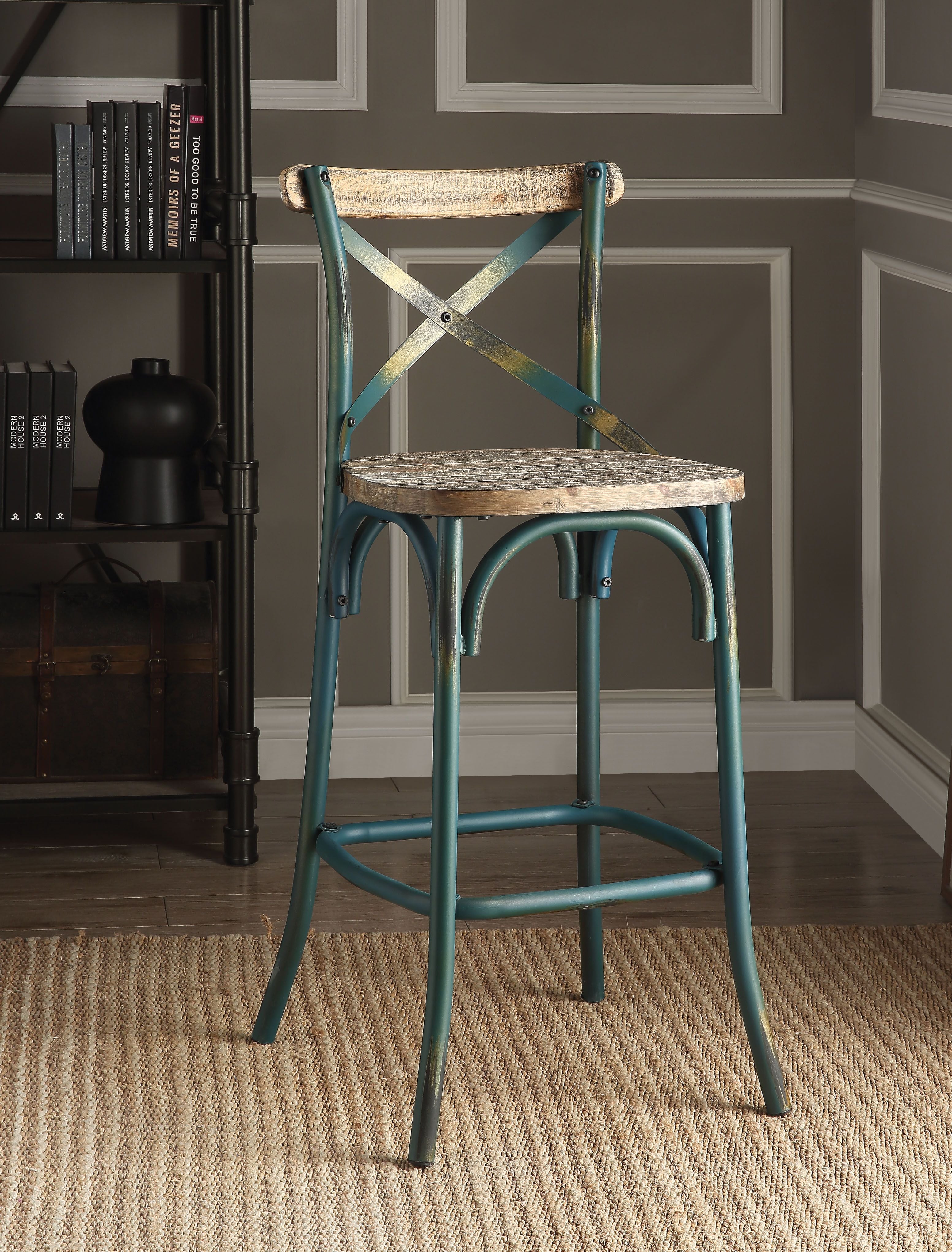 Acme Zaire Bar Stool with Wooden Seat in Antique Turquoise and Antique Oak