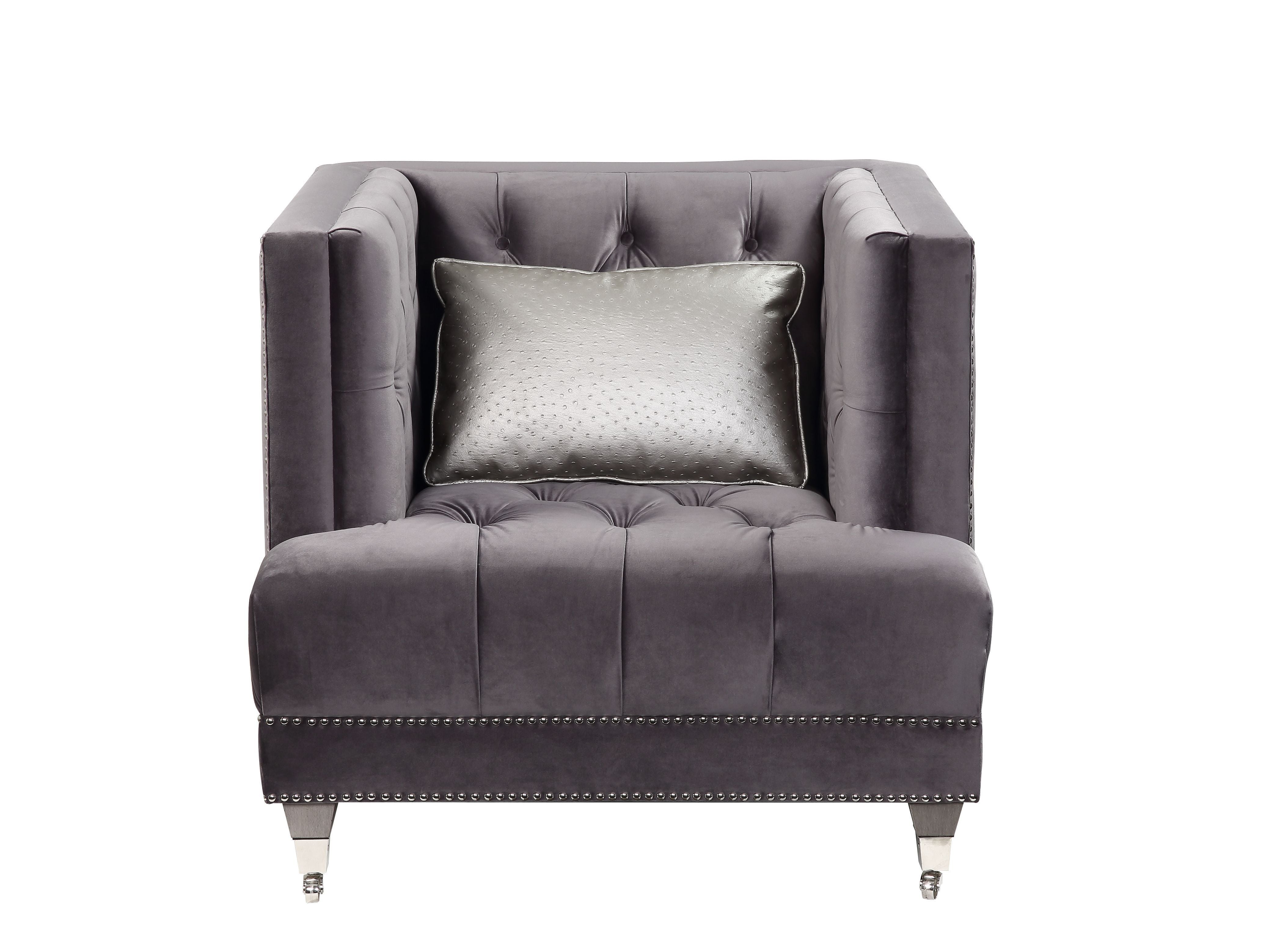 Acme Hegio Velvet Tufted Nail-Head Trim Chair with 1 Pillow in Gray