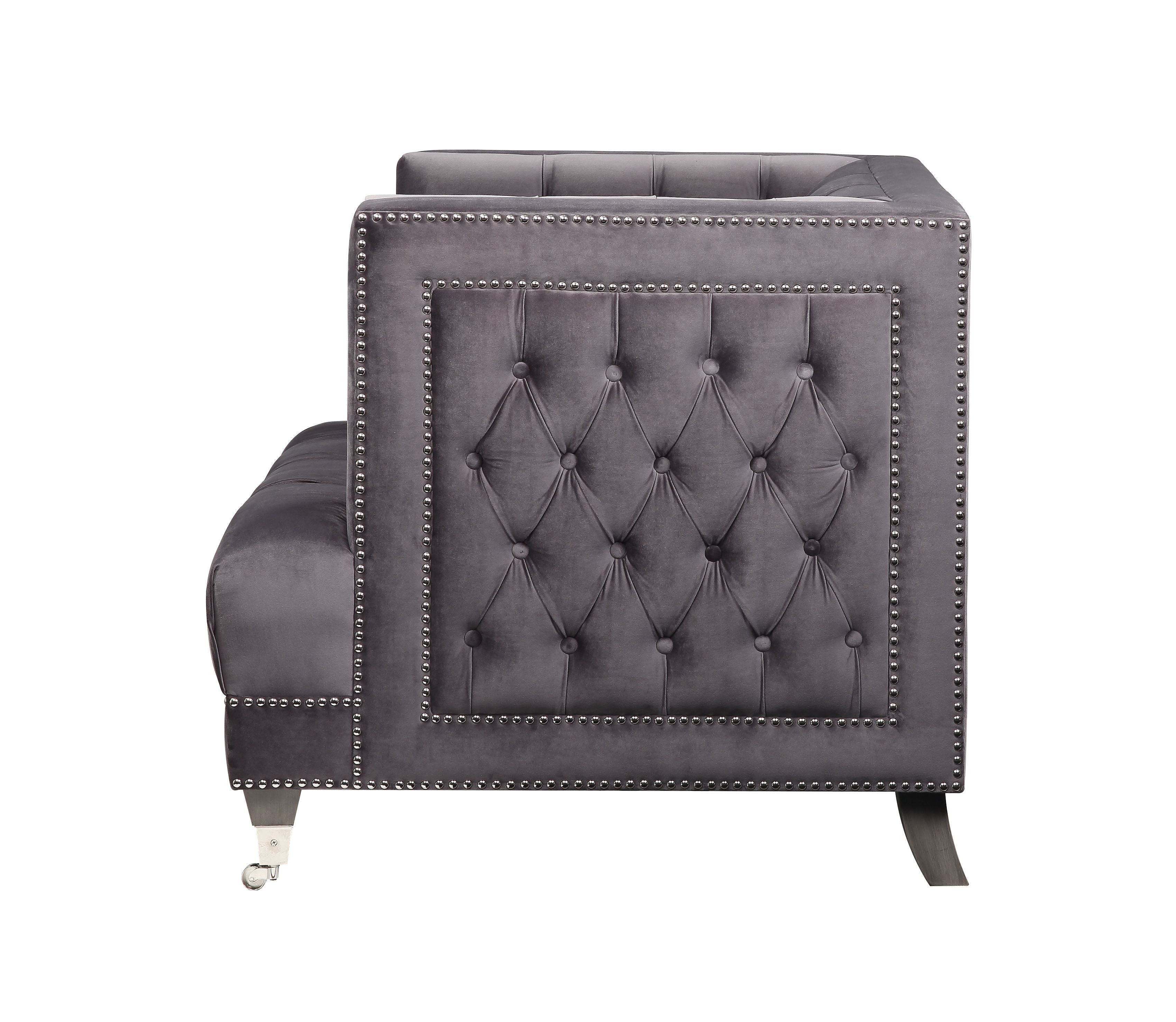 Acme Hegio Velvet Tufted Nail-Head Trim Chair with 1 Pillow in Gray
