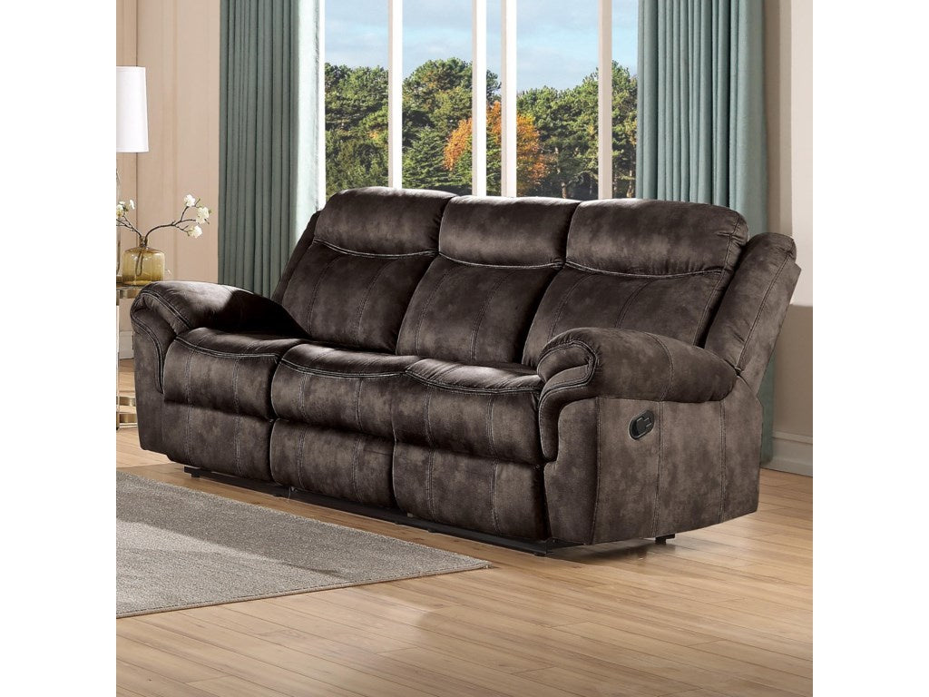 Acme Zubaida Velvet Motion Reclining Sofa with USB Dock in 2-Tone Chocolate