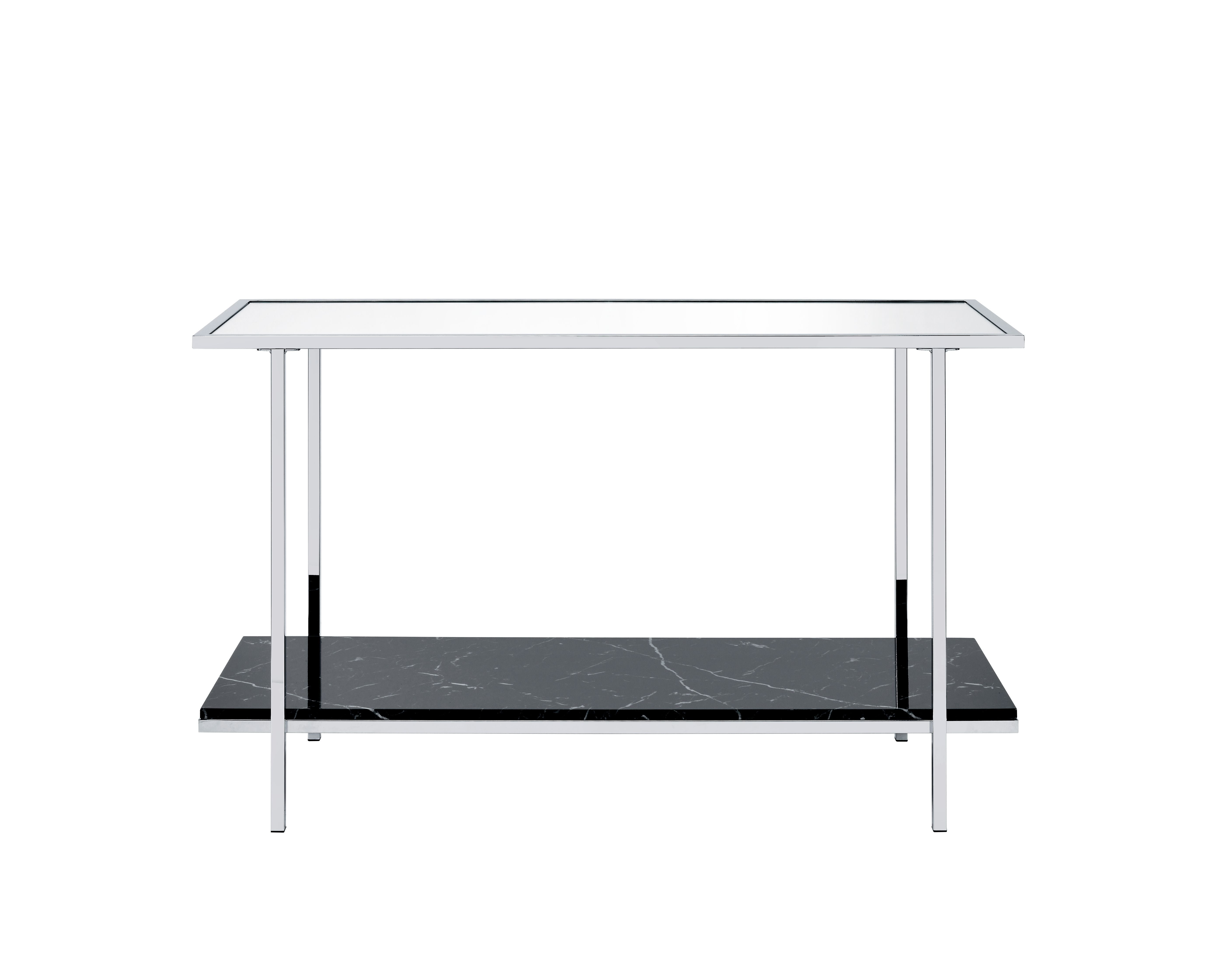 Acme Angwin Metal Frame Console Table In Mirrored And Faux Marble And Chrome