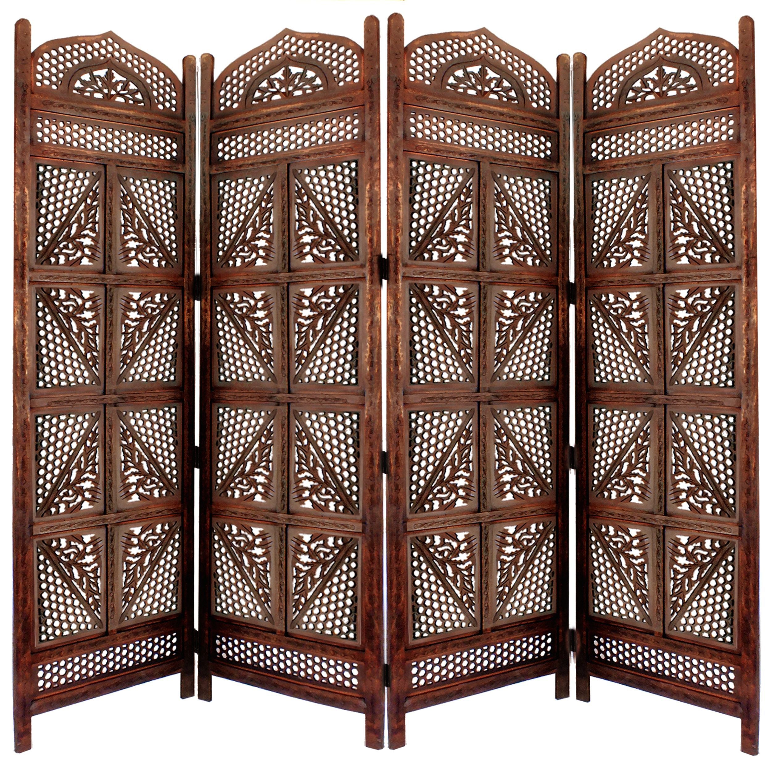 Traditional Four Panel Wooden Room Divider with Hand carved Details, Antique Brown(D0102H7F6H2)