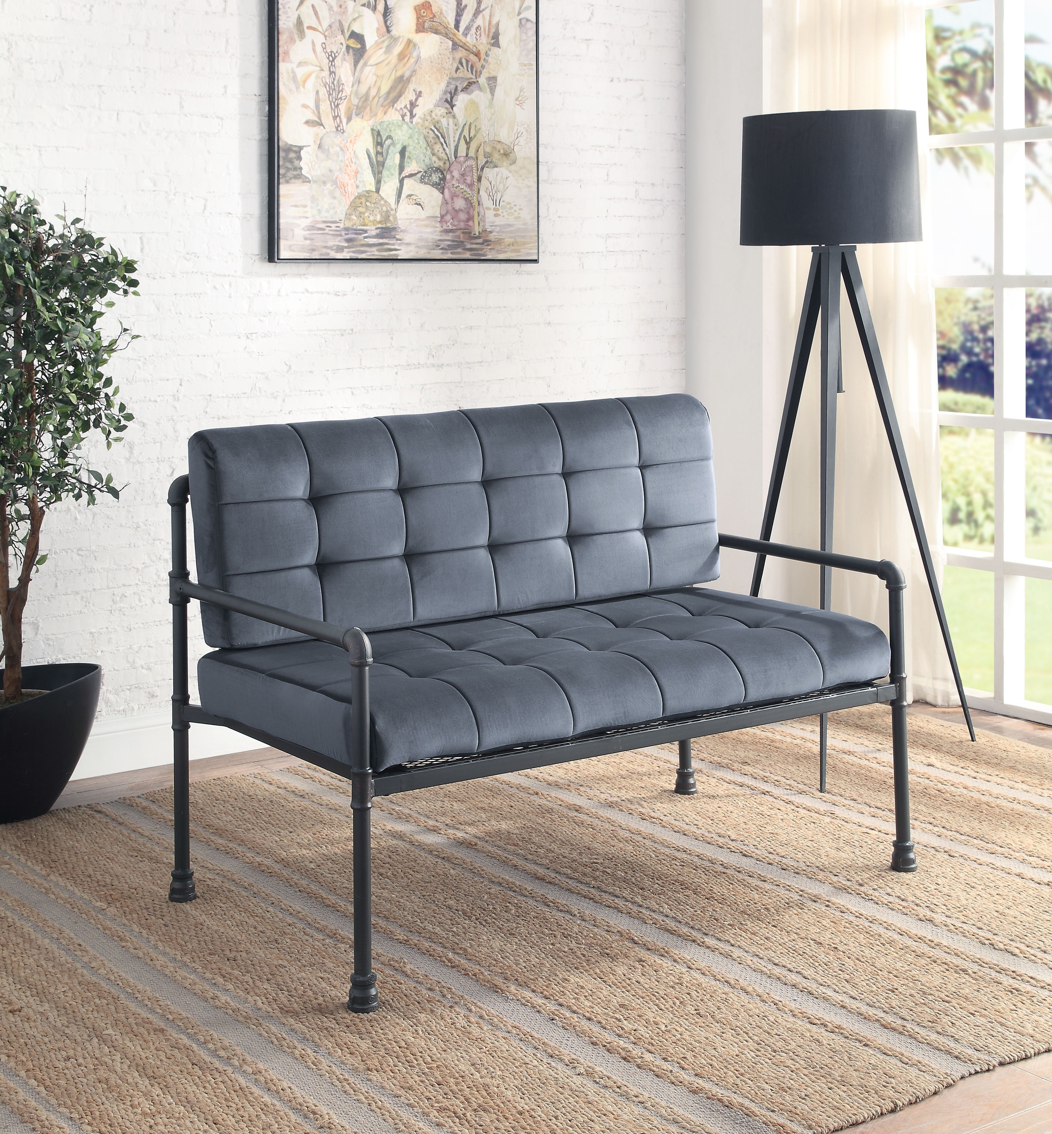 AcME Brantley Loveseat in gray Velvet & Sandy gray Finish LV00426(D0102H7JL5P)