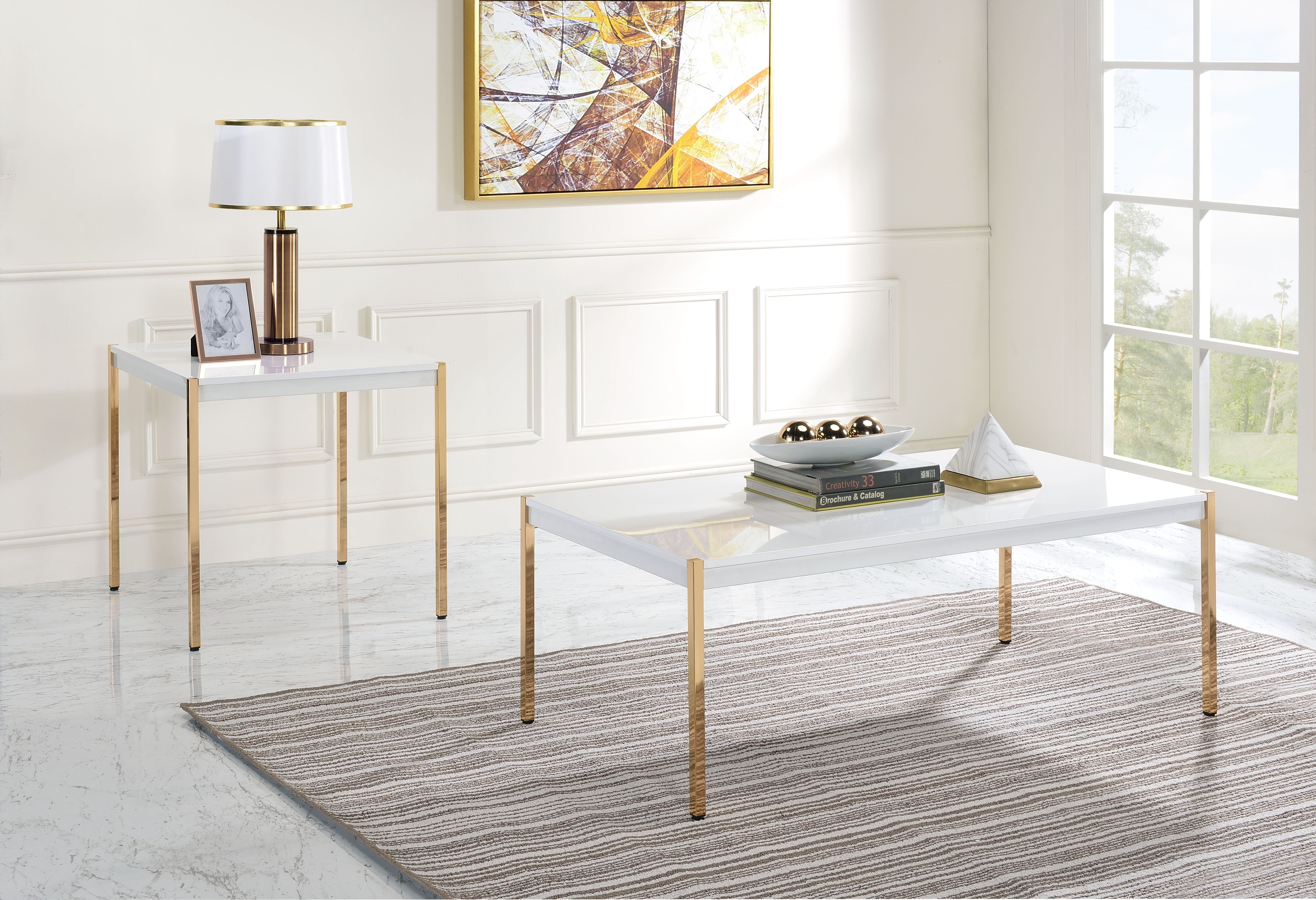 Acme Otrac Wooden Rectangle Top Coffee Table in White and Gold