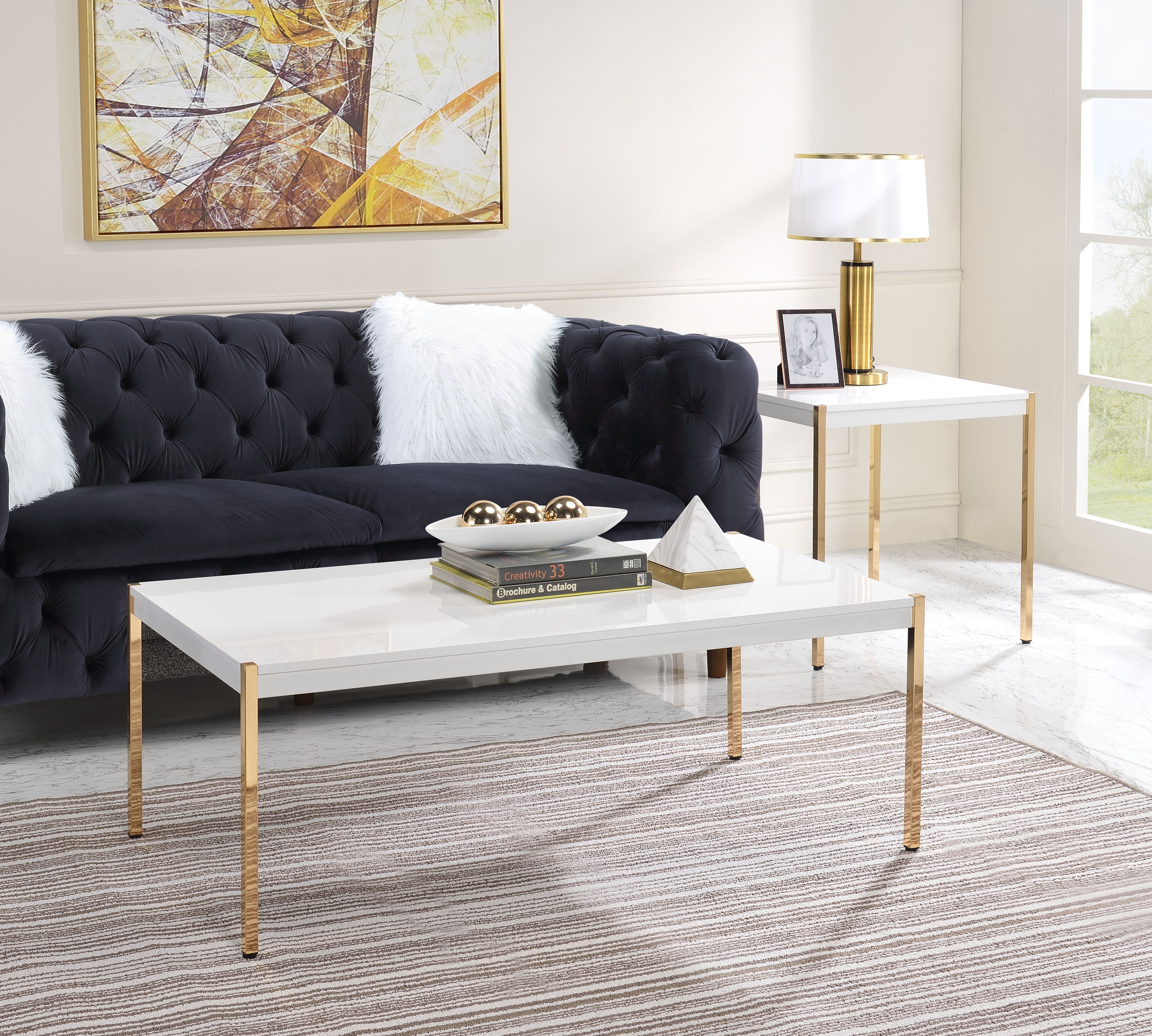Acme Otrac Wooden Rectangle Top Coffee Table in White and Gold