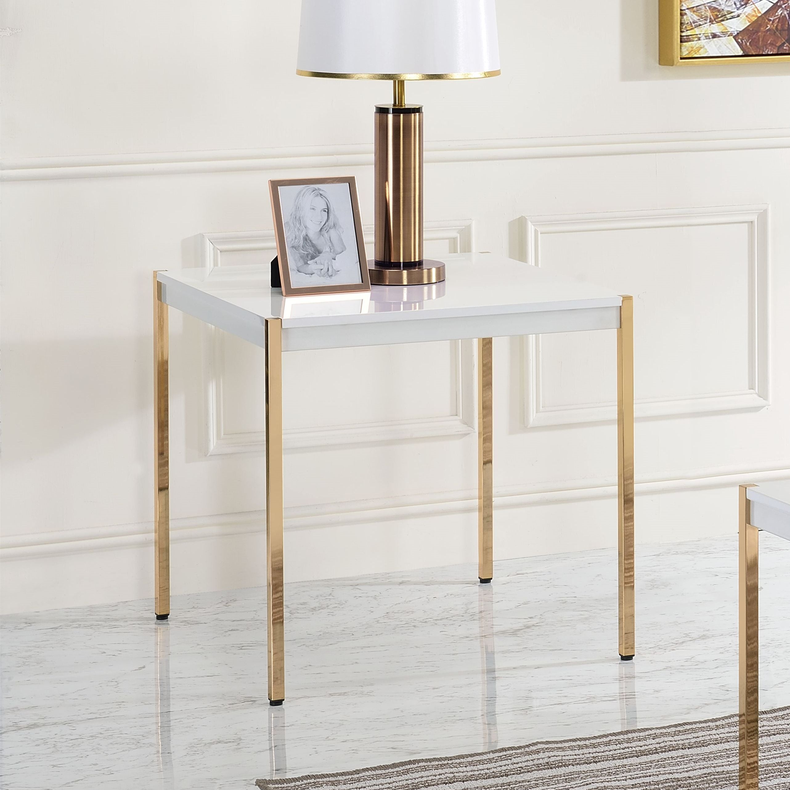 Acme Otrac Square Wooden Top End Table with Tube Legs in White and Gold