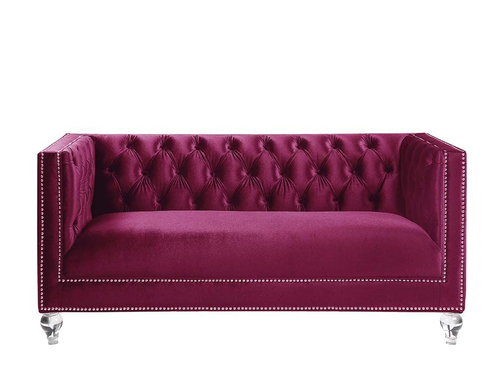 Acme Heibero Button Tufted Velvet Loveseat with 2 Pillows in Burgundy
