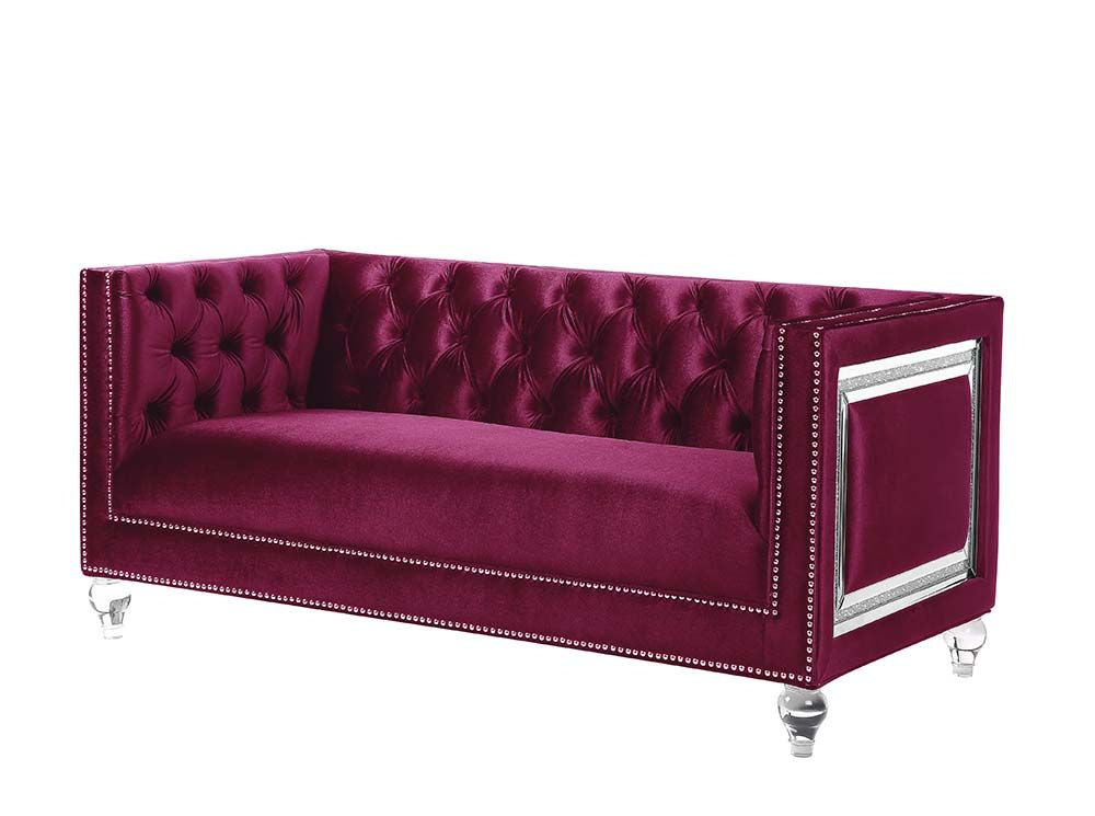 Acme Heibero Button Tufted Velvet Loveseat with 2 Pillows in Burgundy