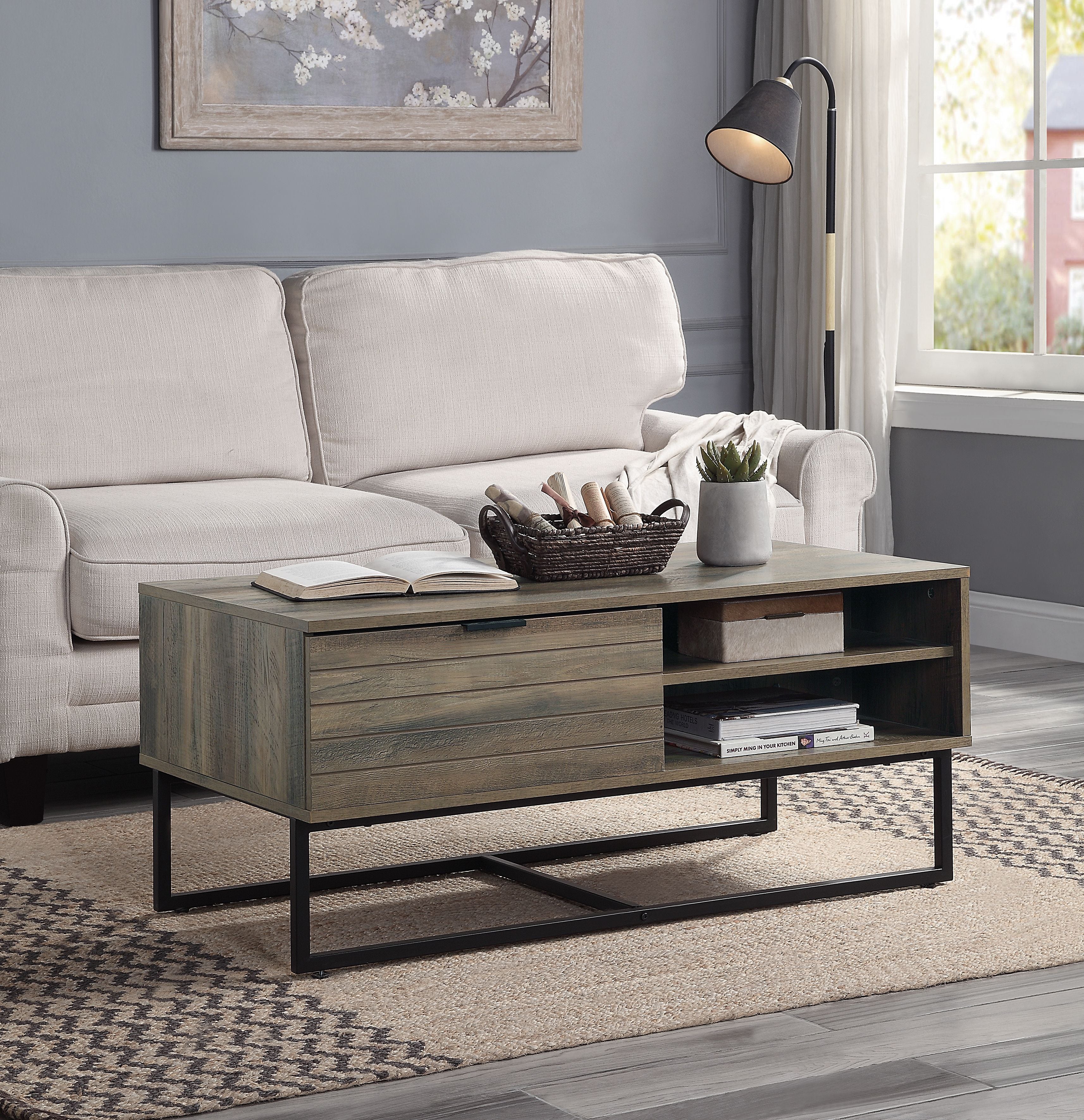 Acme Homare Wooden Coffee Table with Storage in Rustic Oak and Black