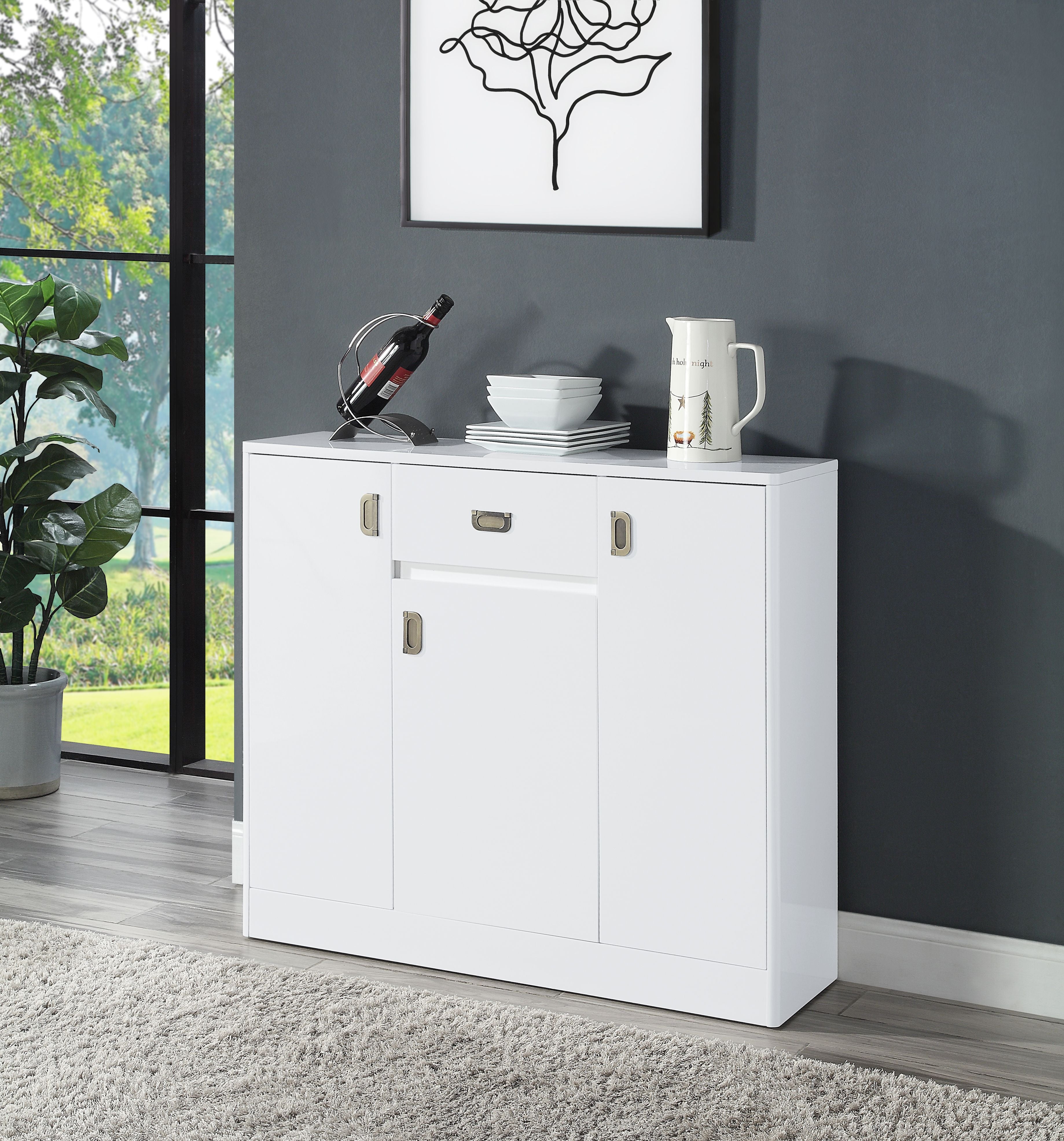 Acme Pagan Wooden Server with Drawer and Adjustable Shelves in White High Gloss