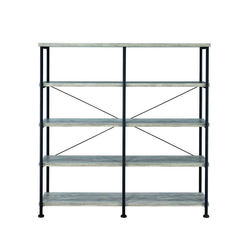 Coaster Home Furnishings Analiese Rustic Industrial 4-Tier Double Bookcase Etagere Bookshelf Office Storage Book Shelf Engineered Eco-Friendly Wood Laminate Sturdy Black Steel Grey Driftwood 801544