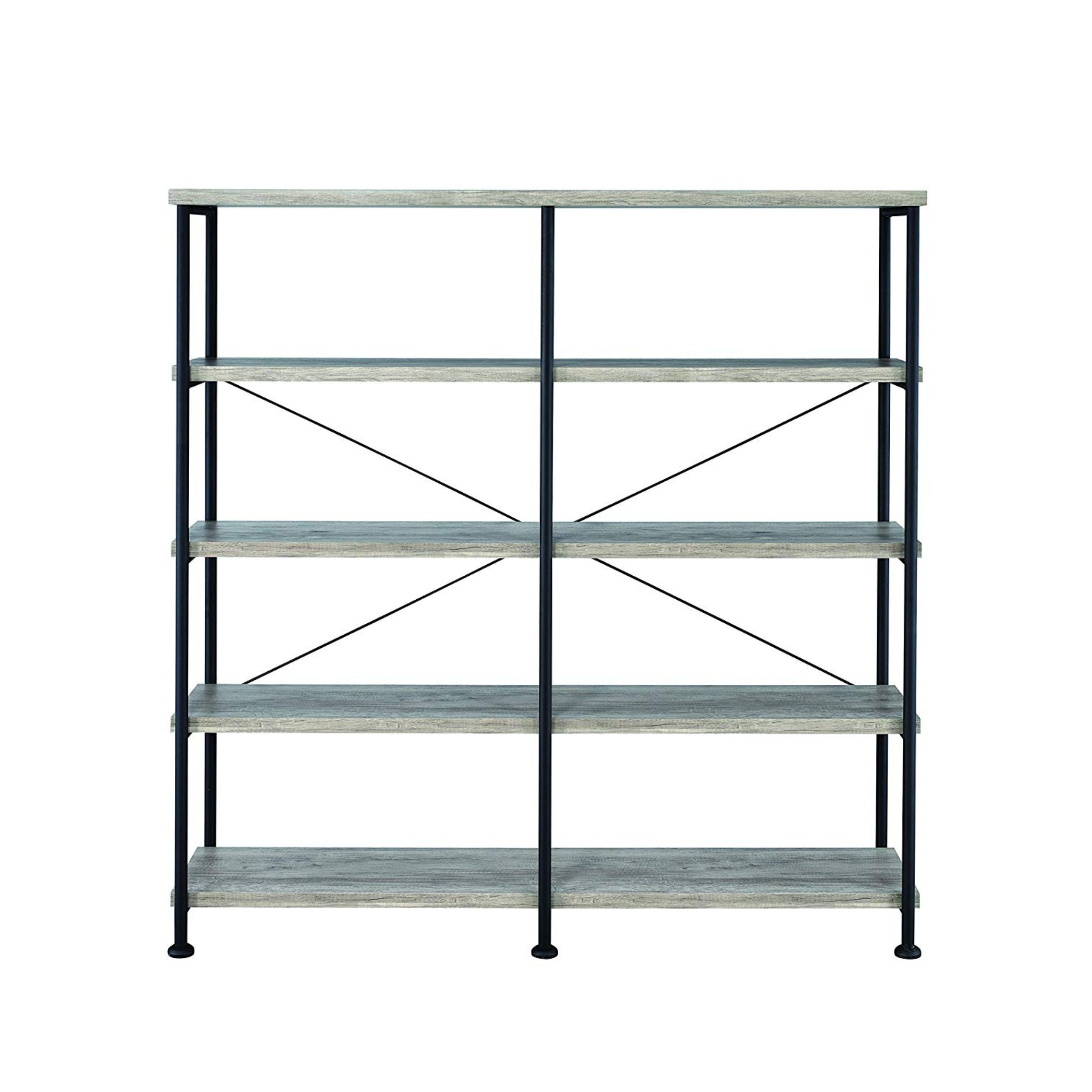 Coaster Home Furnishings Analiese Rustic Industrial 4-Tier Double Bookcase Etagere Bookshelf Office Storage Book Shelf Engineered Eco-Friendly Wood Laminate Sturdy Black Steel Grey Driftwood 801544