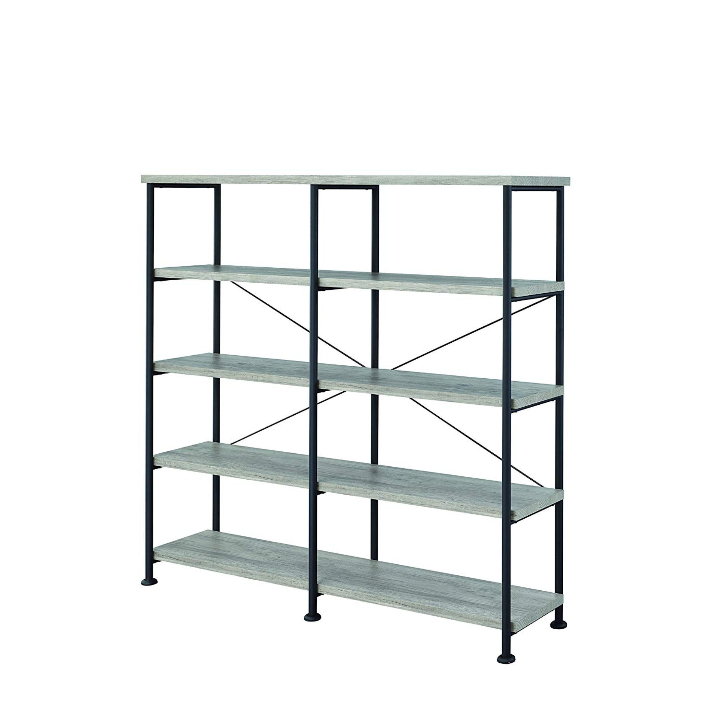 Coaster Home Furnishings Analiese Rustic Industrial 4-Tier Double Bookcase Etagere Bookshelf Office Storage Book Shelf Engineered Eco-Friendly Wood Laminate Sturdy Black Steel Grey Driftwood 801544