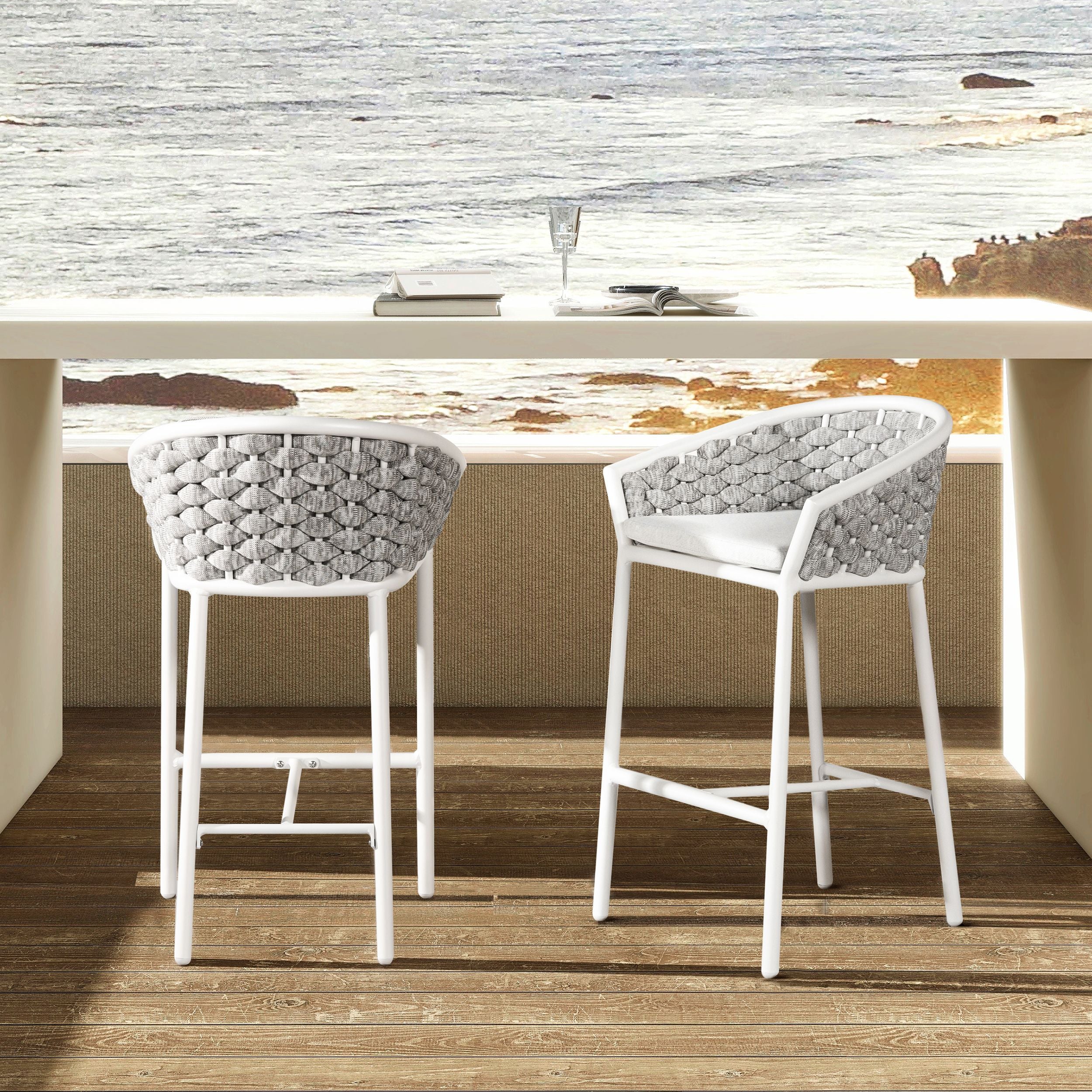 Rowan 27.5 Rope Barrel Low Back Patio Counter Stool, Set of 2, Optic White Acrylic