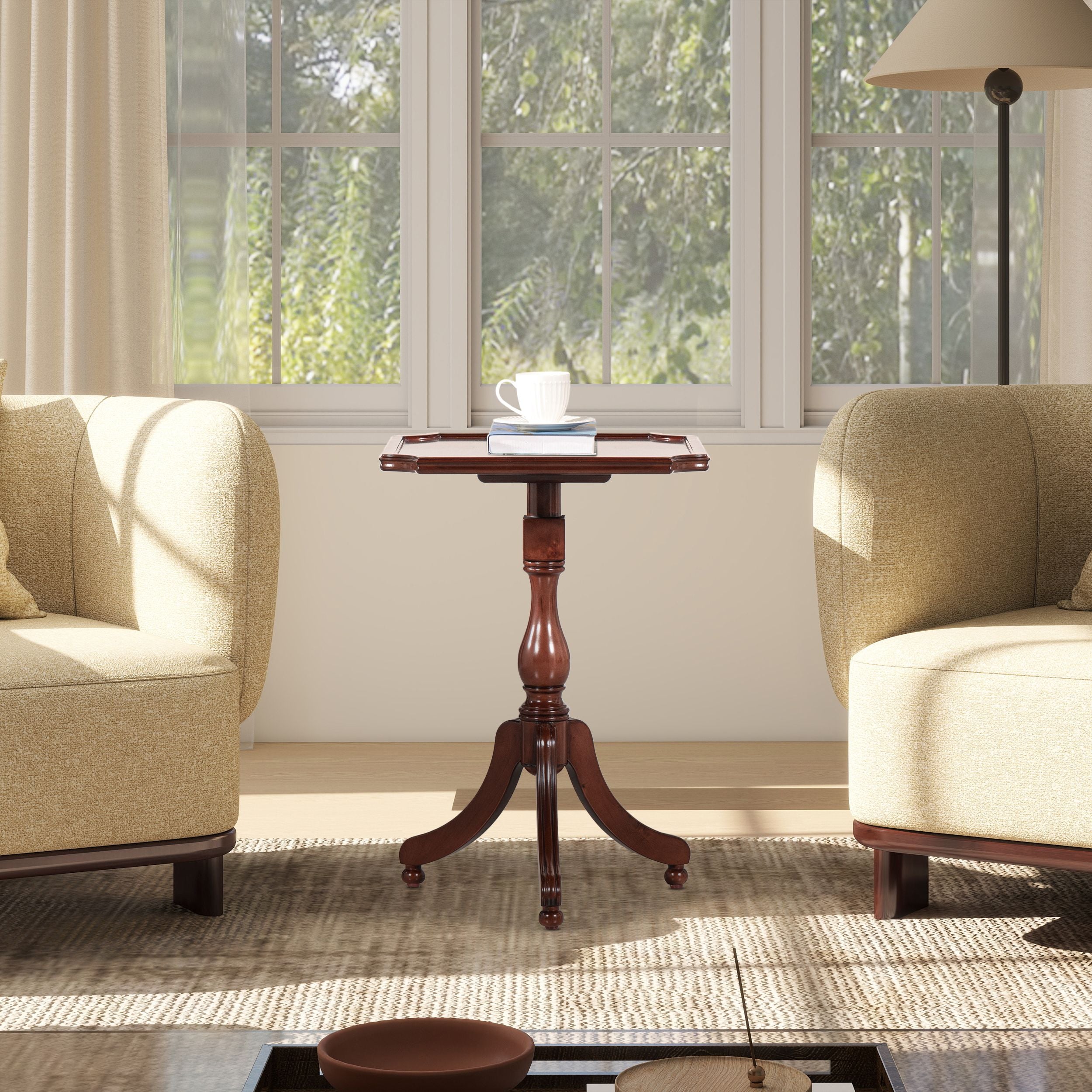 Mabel 19 Elegant Wood Turned Pedestal Side Table, Rich Walnut Birchwood & Veneer